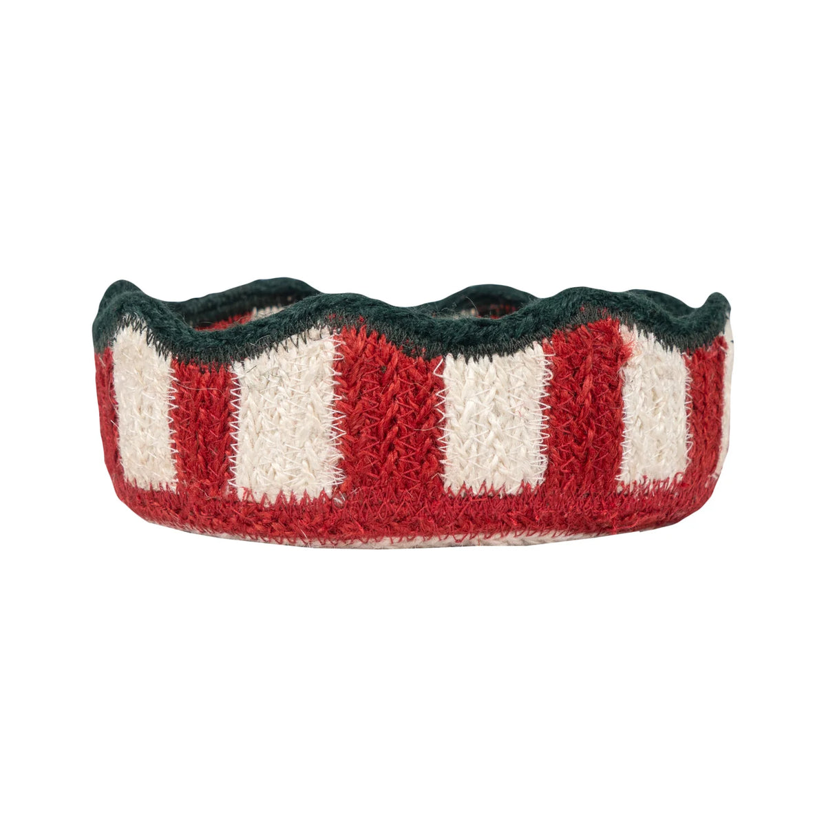 A round, low-profile woven pet bed with vertical red and off-white stripes and a dark green scalloped edge, shown on a plain white background.