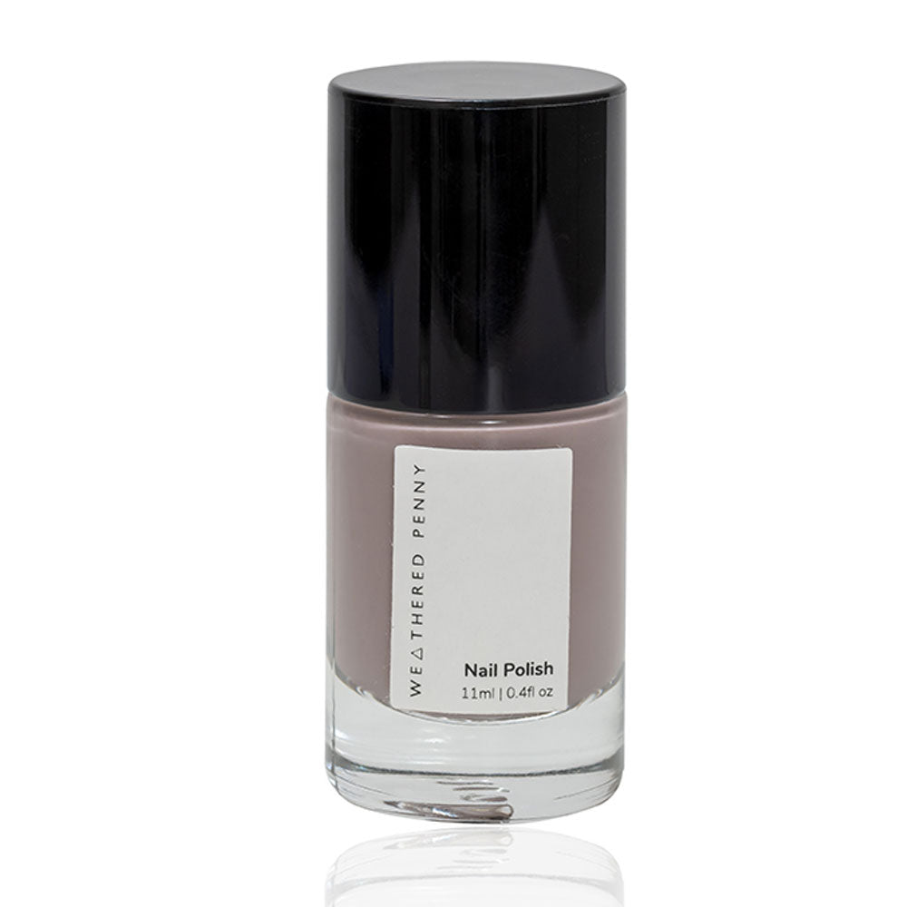 Weathered Penny nail polish bottle, 11ml, dusty rose color, black cap.