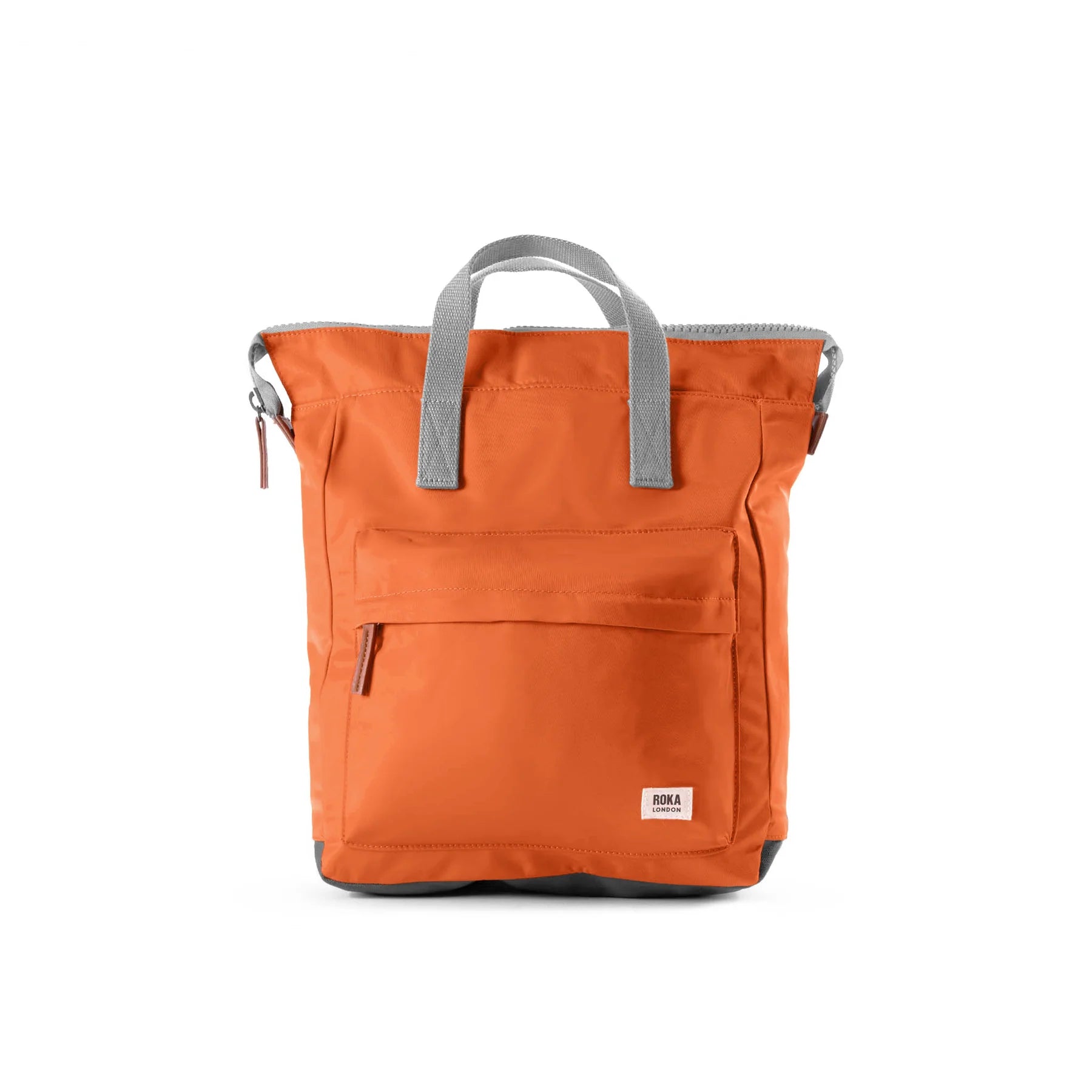 Orange backpack with gray handle on a white background