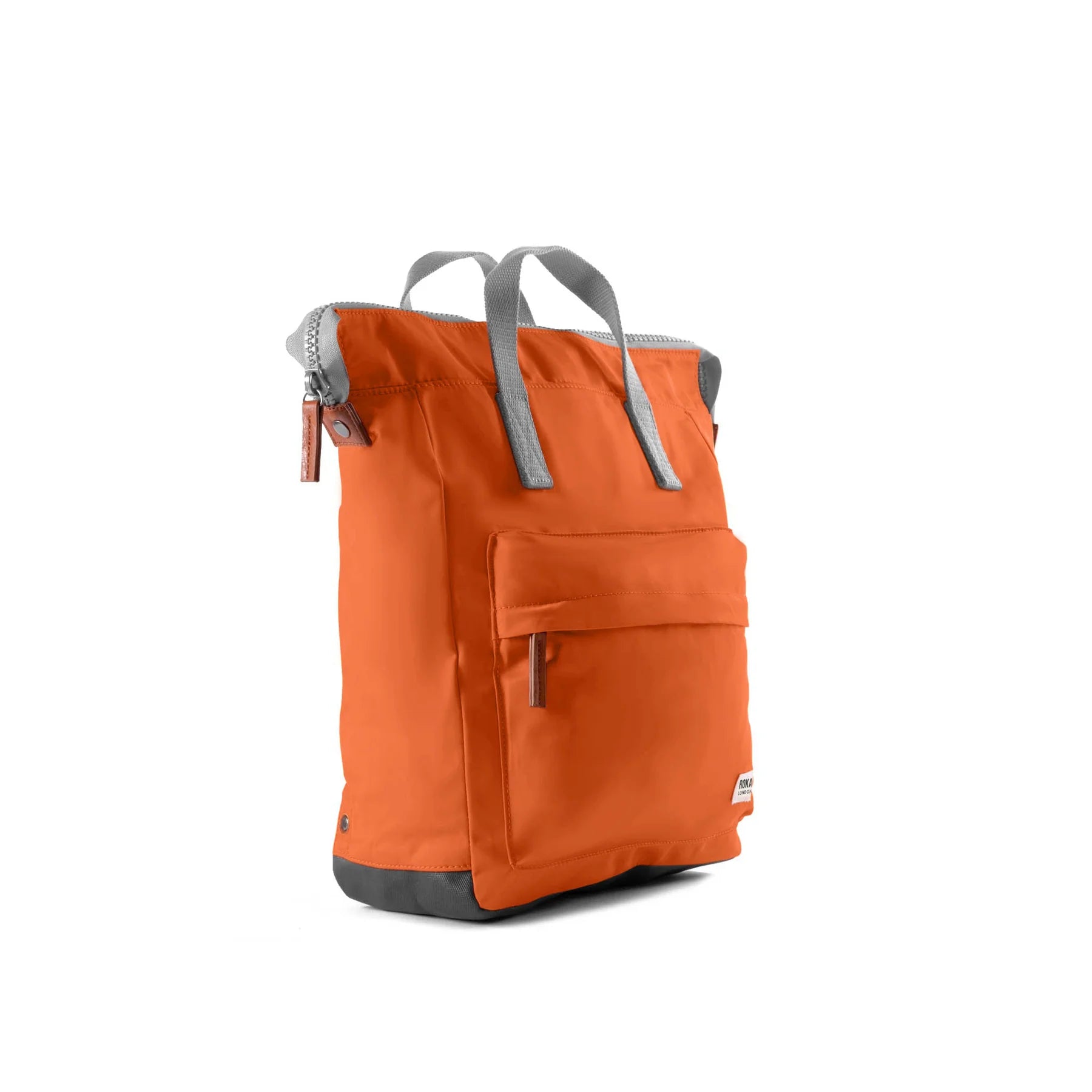 Orange backpack with gray accents on a white background