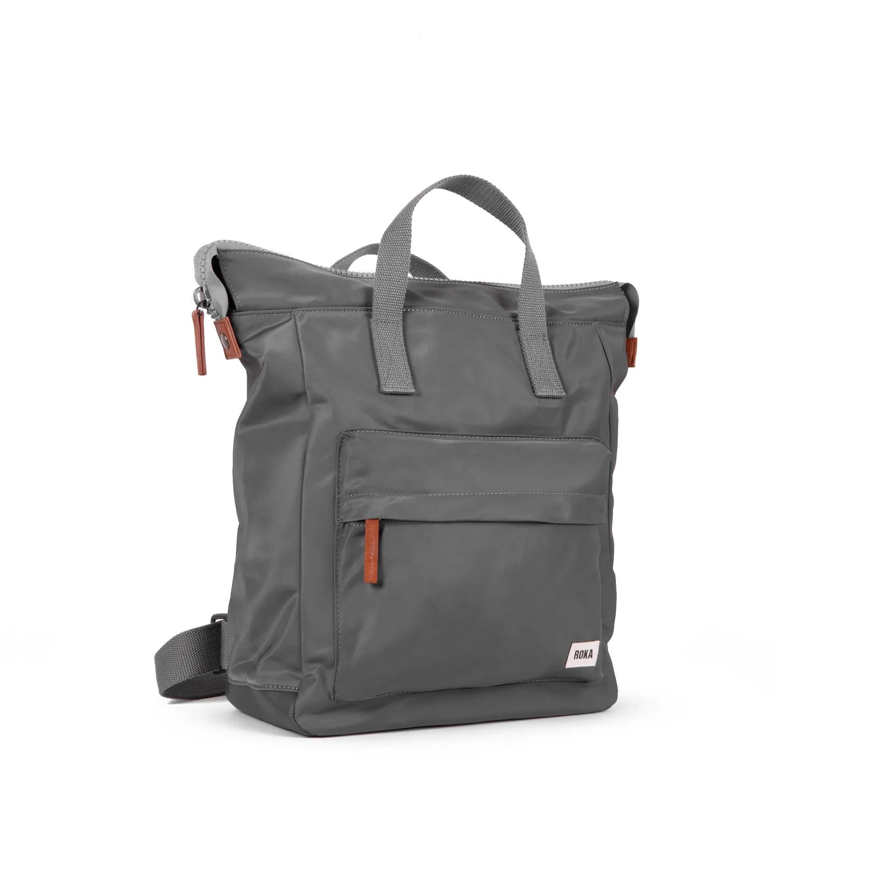 Gray convertible backpack with top handles, zipper closure, and a smaller front pocket.