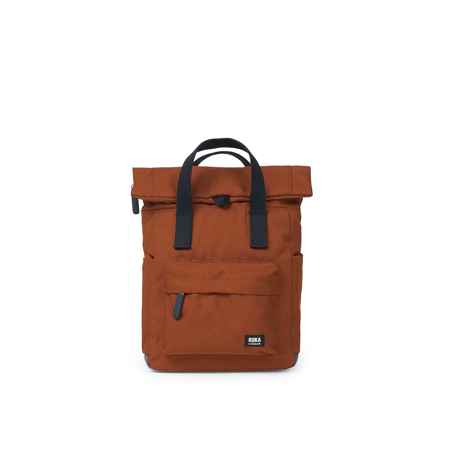 Rust-colored roll-top backpack with black straps and a small front pocket.