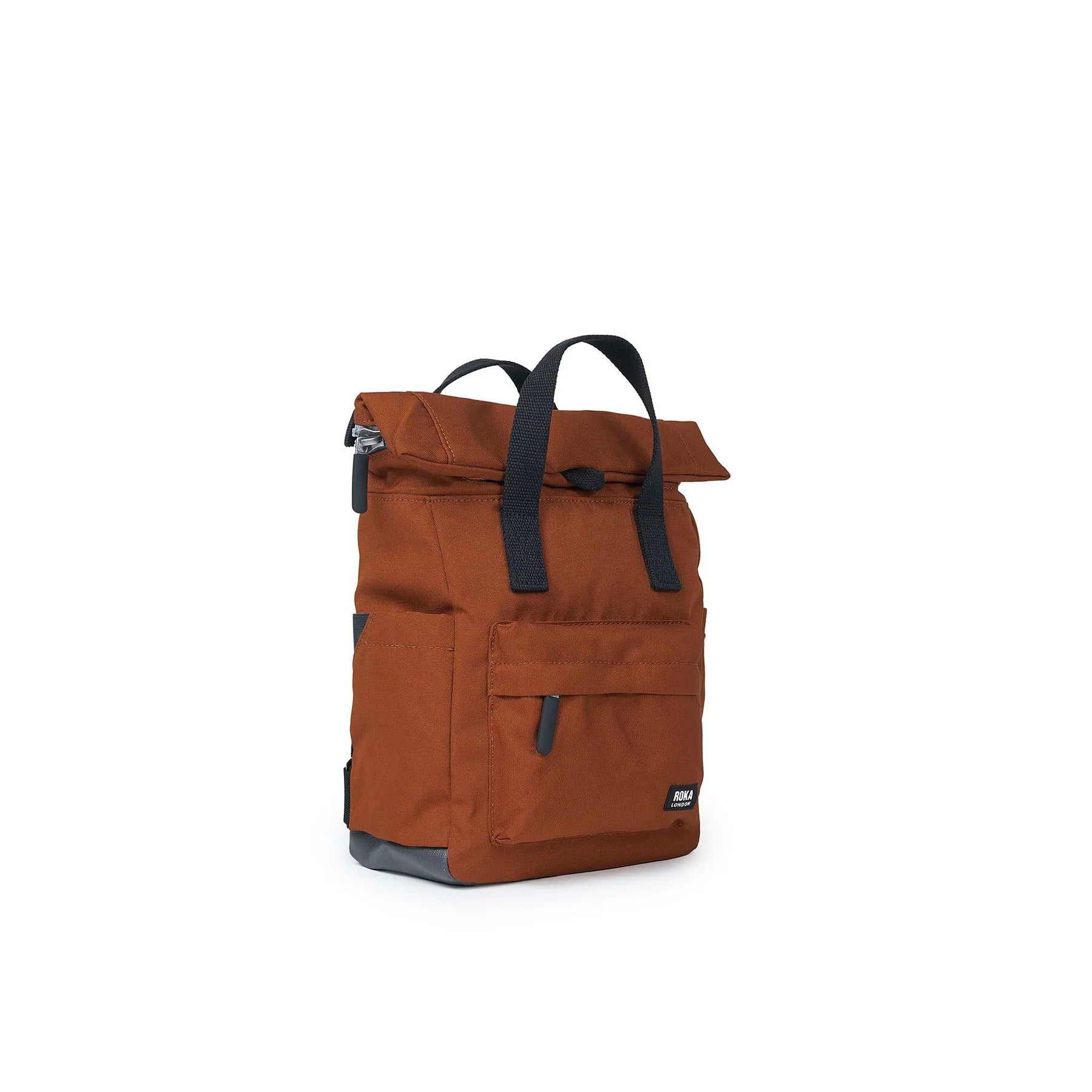 Brown roll-top backpack with black straps and a small front pocket.