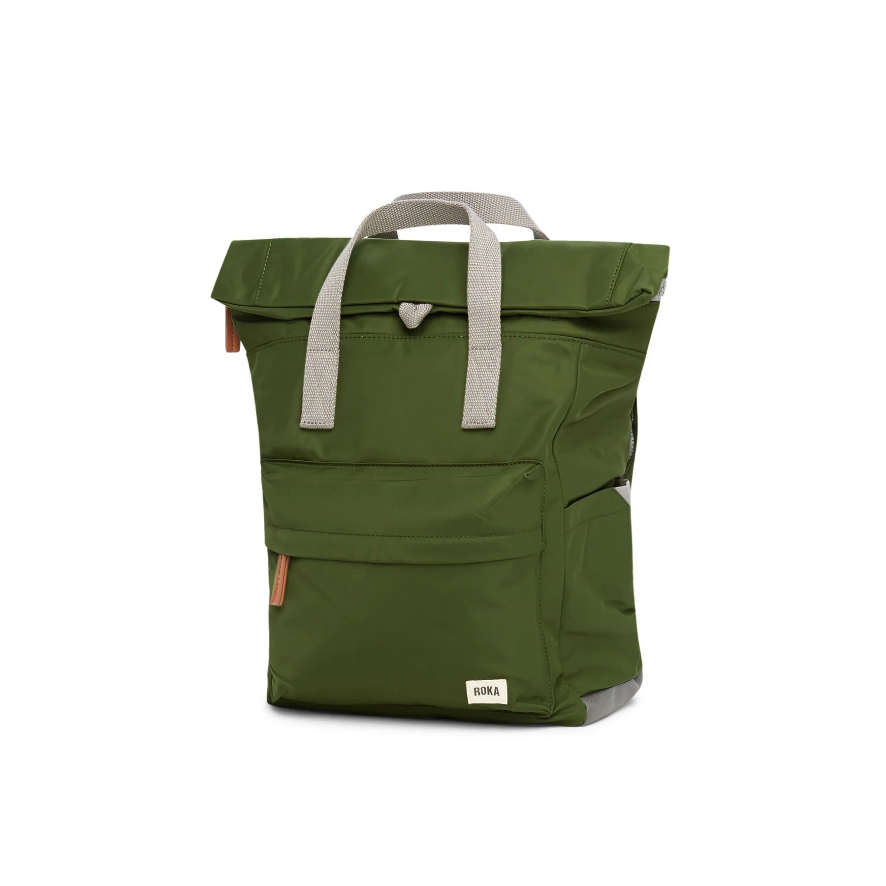 Olive green roll-top backpack with light gray straps and a small branded label.