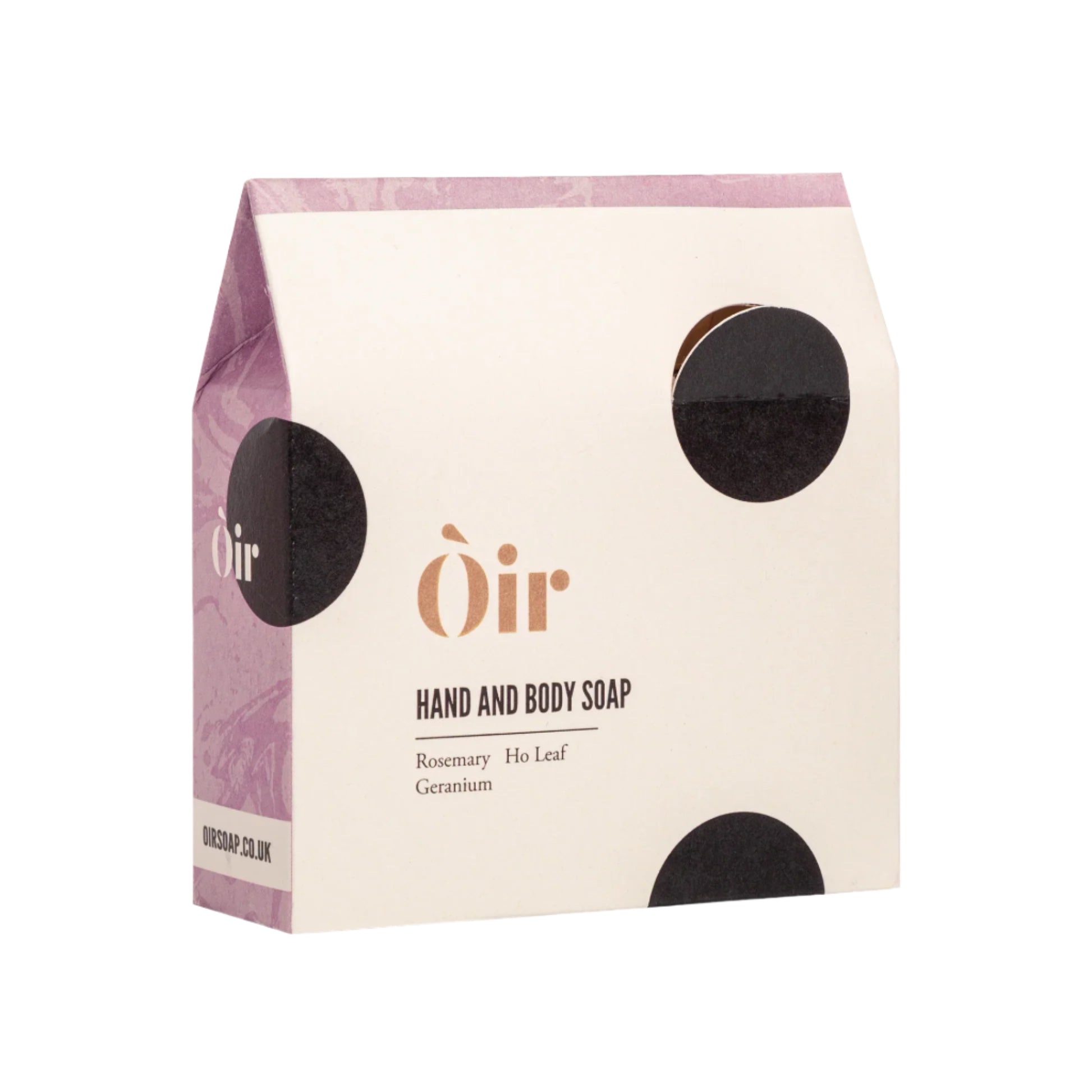 A packaged bar of hand and body soap with a purple and white design, labeled 'Oir' with floral imagery.