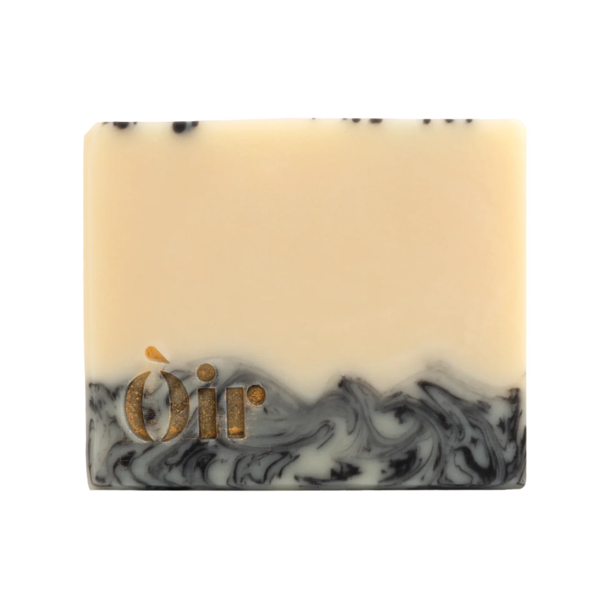 Bar of Oir Soap with black swirly pattern and gold branding. 