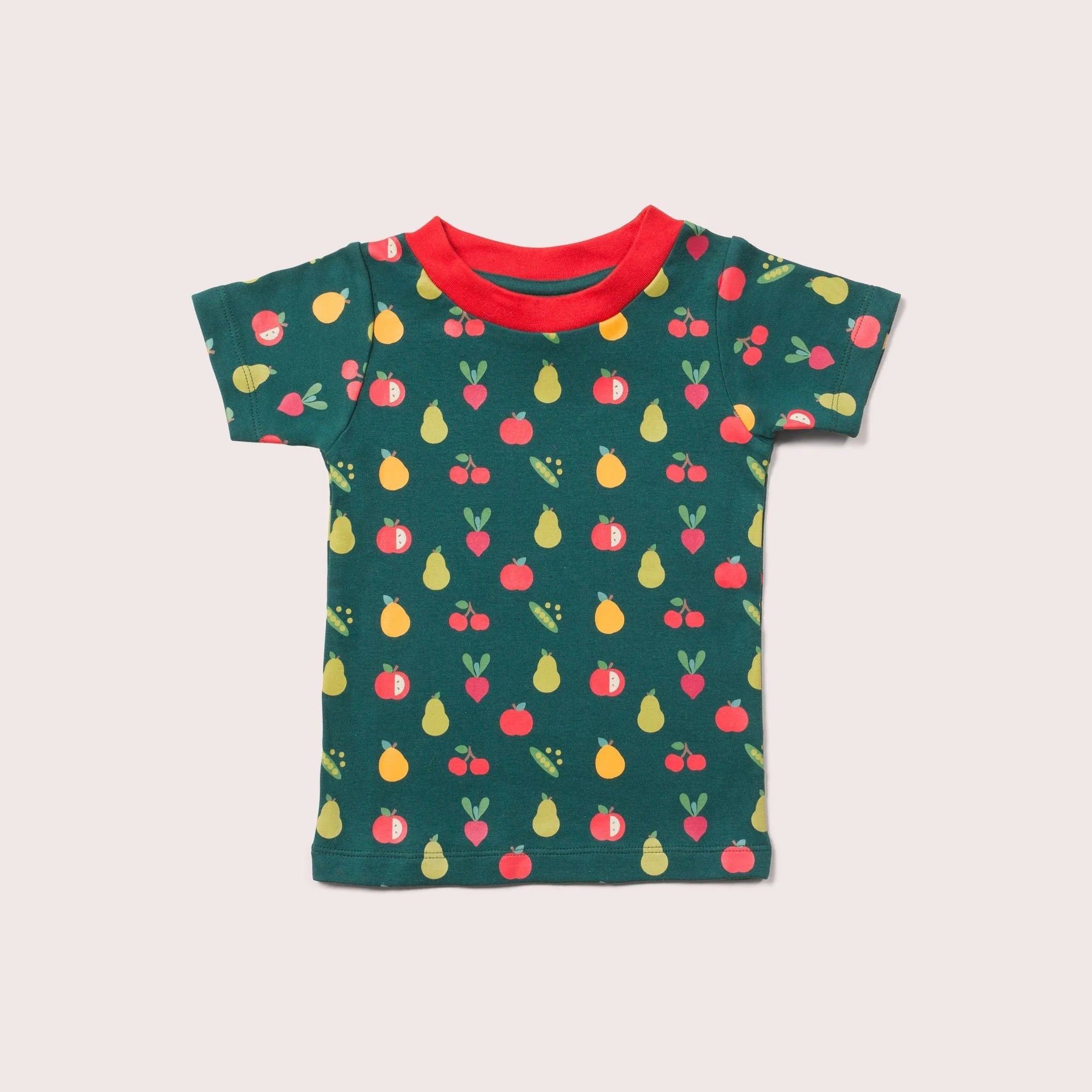 Green toddler t-shirt with a colorful fruit and vegetable print.  Features a red neckline.