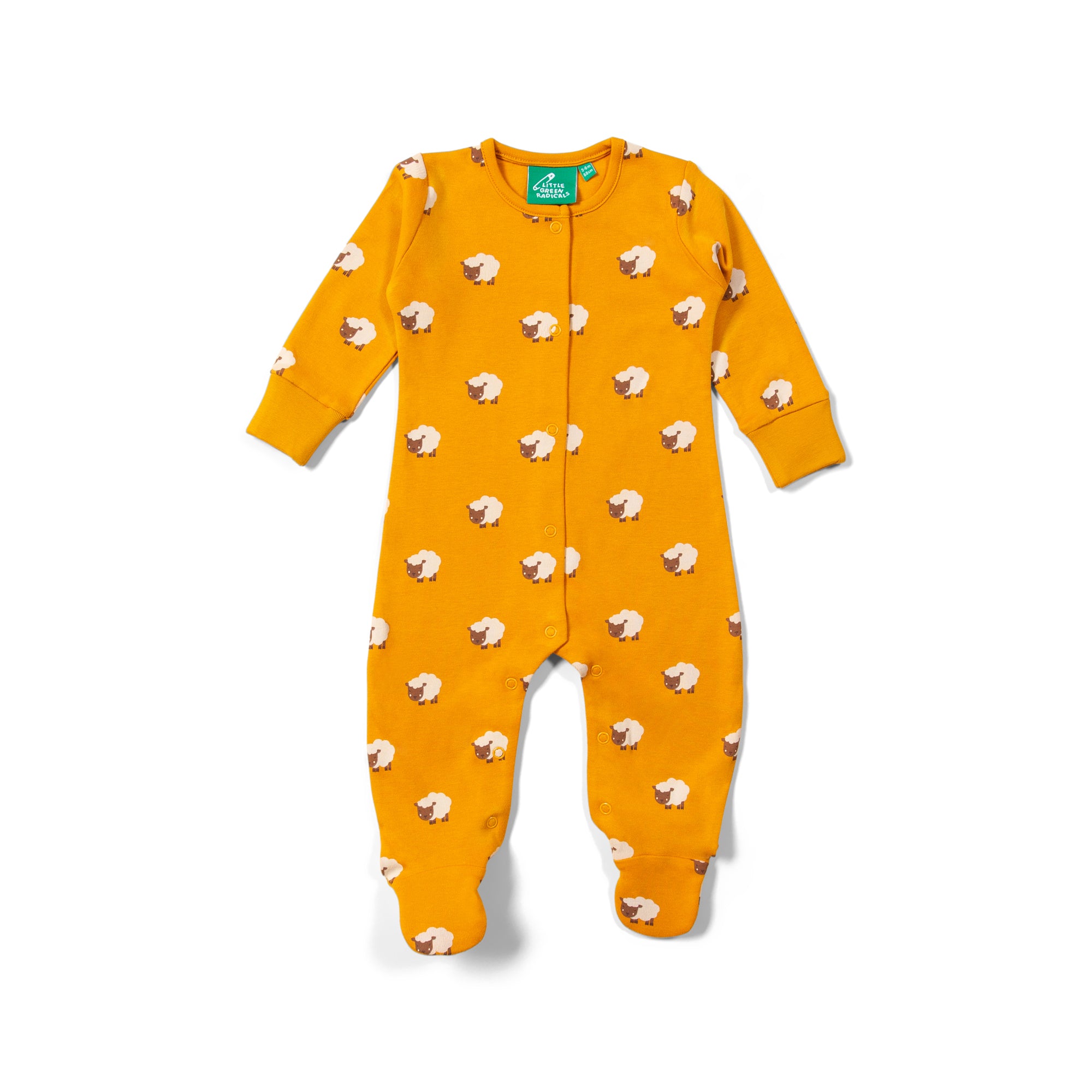 Mustard yellow baby onesie with an all-over print of small brown-faced sheep.  Long sleeves and footed.