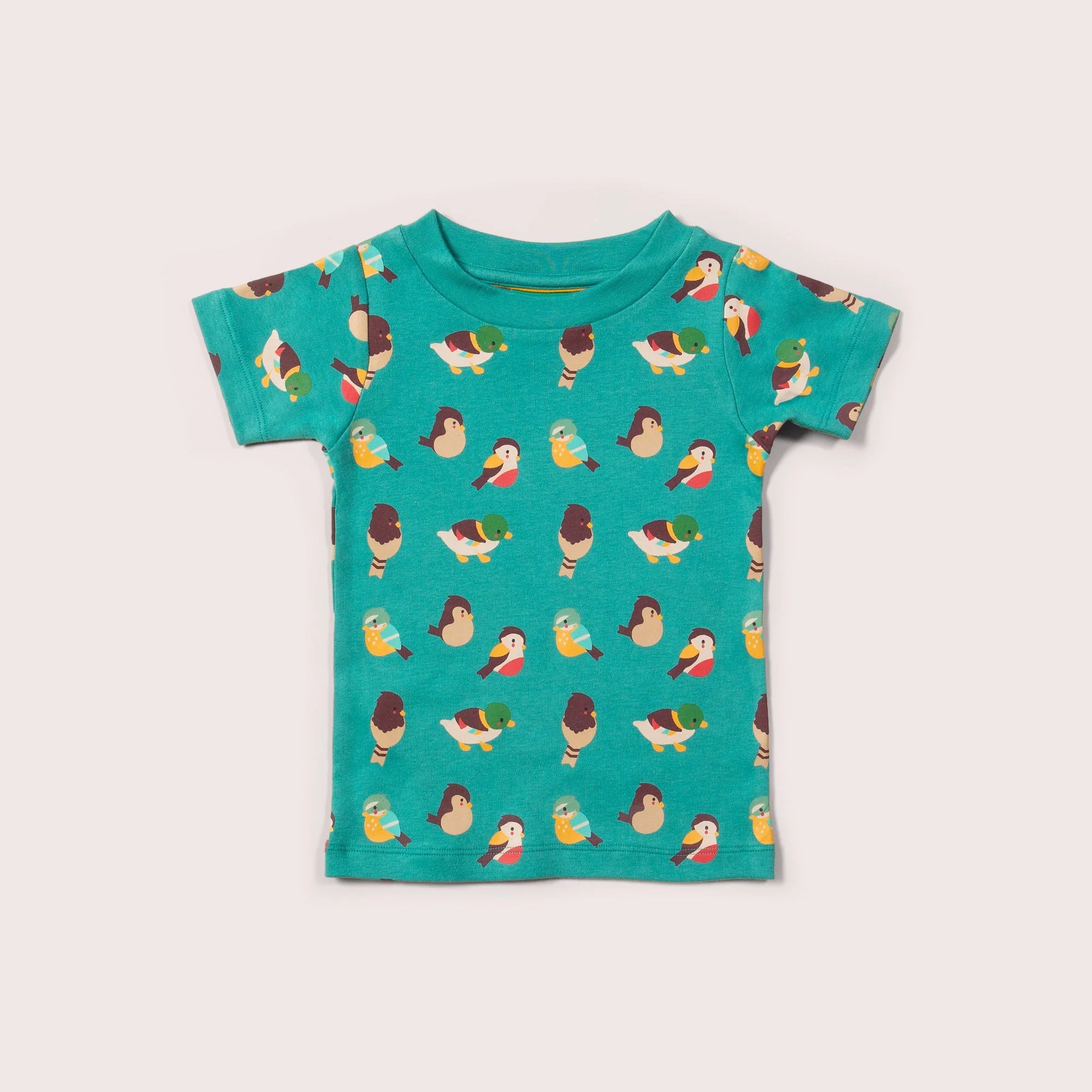 Teal short-sleeved toddler t-shirt featuring a repeating pattern of colorful illustrated birds.
