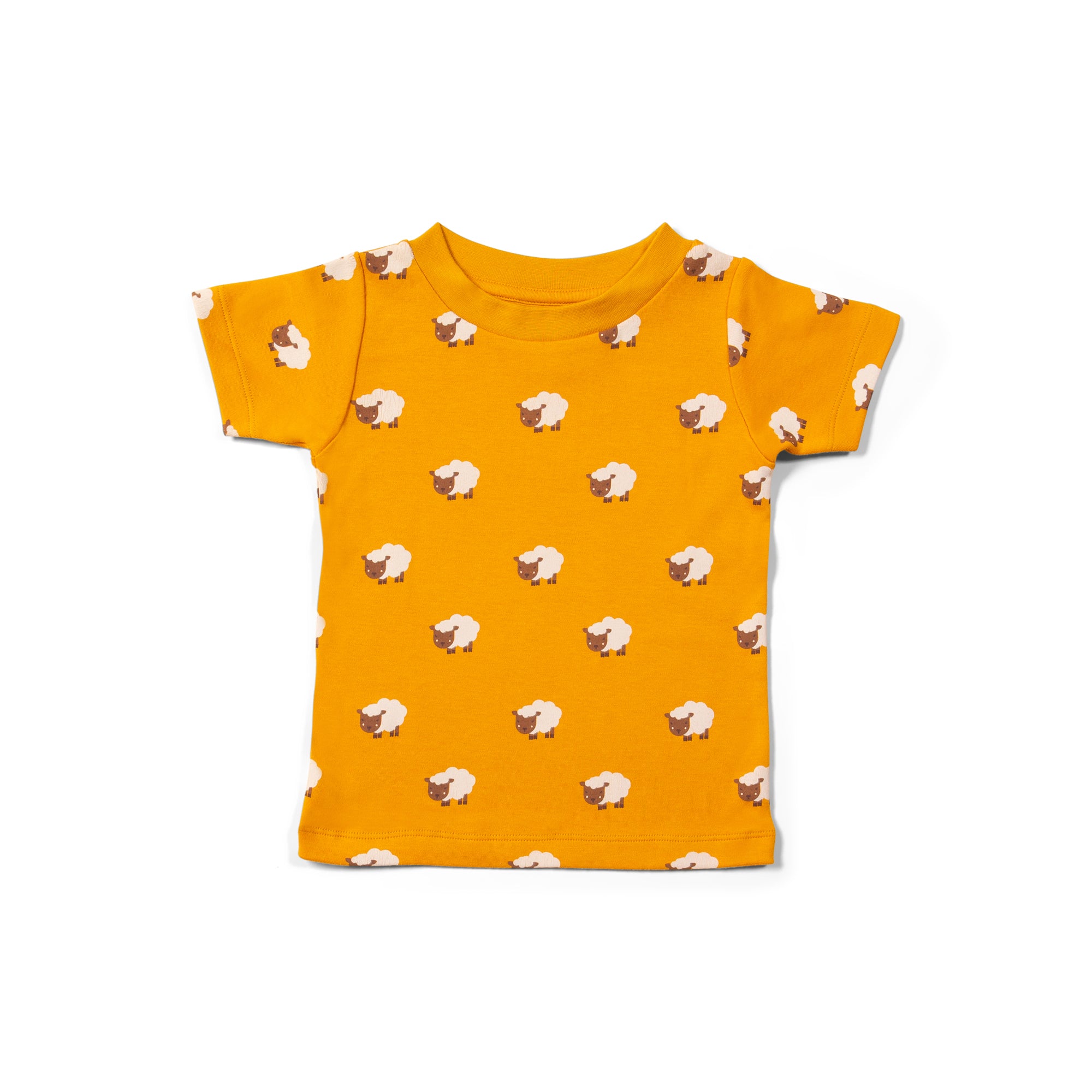 Mustard yellow short-sleeved toddler t-shirt with a repeating pattern of small illustrated sheep.