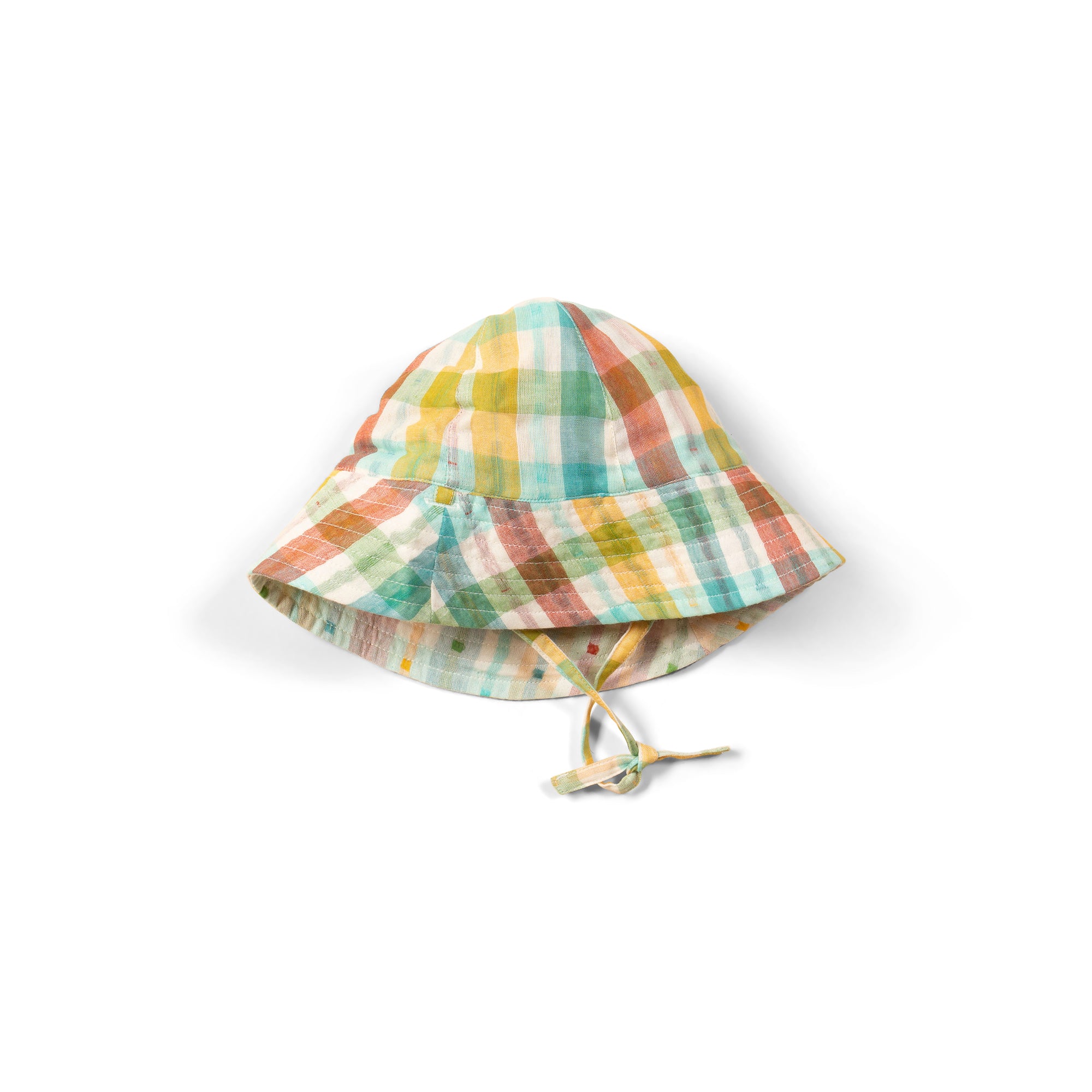 Multicolored gingham sun hat with a chin strap.