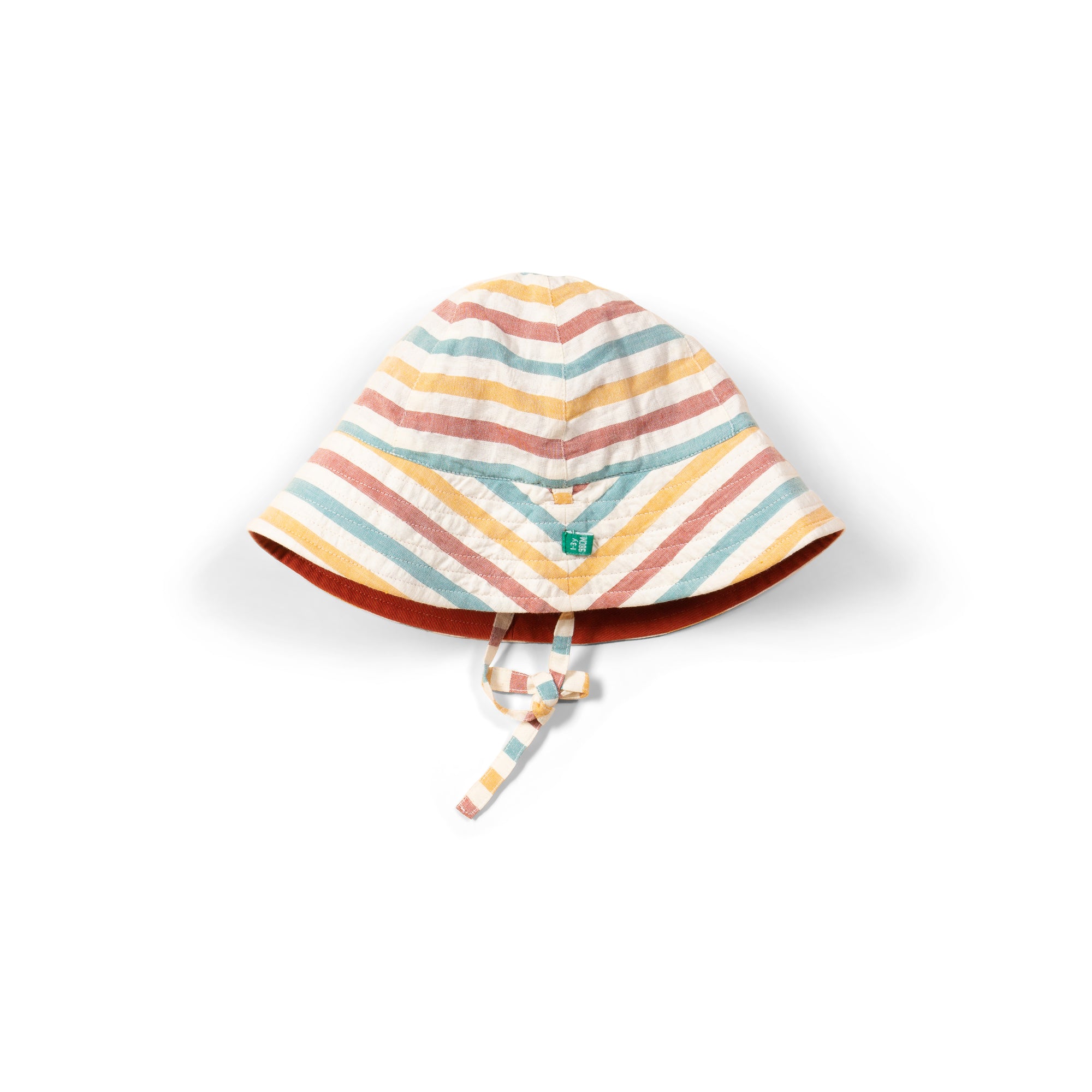Child's sun hat with multicolored chevron stripes, featuring a chin strap.