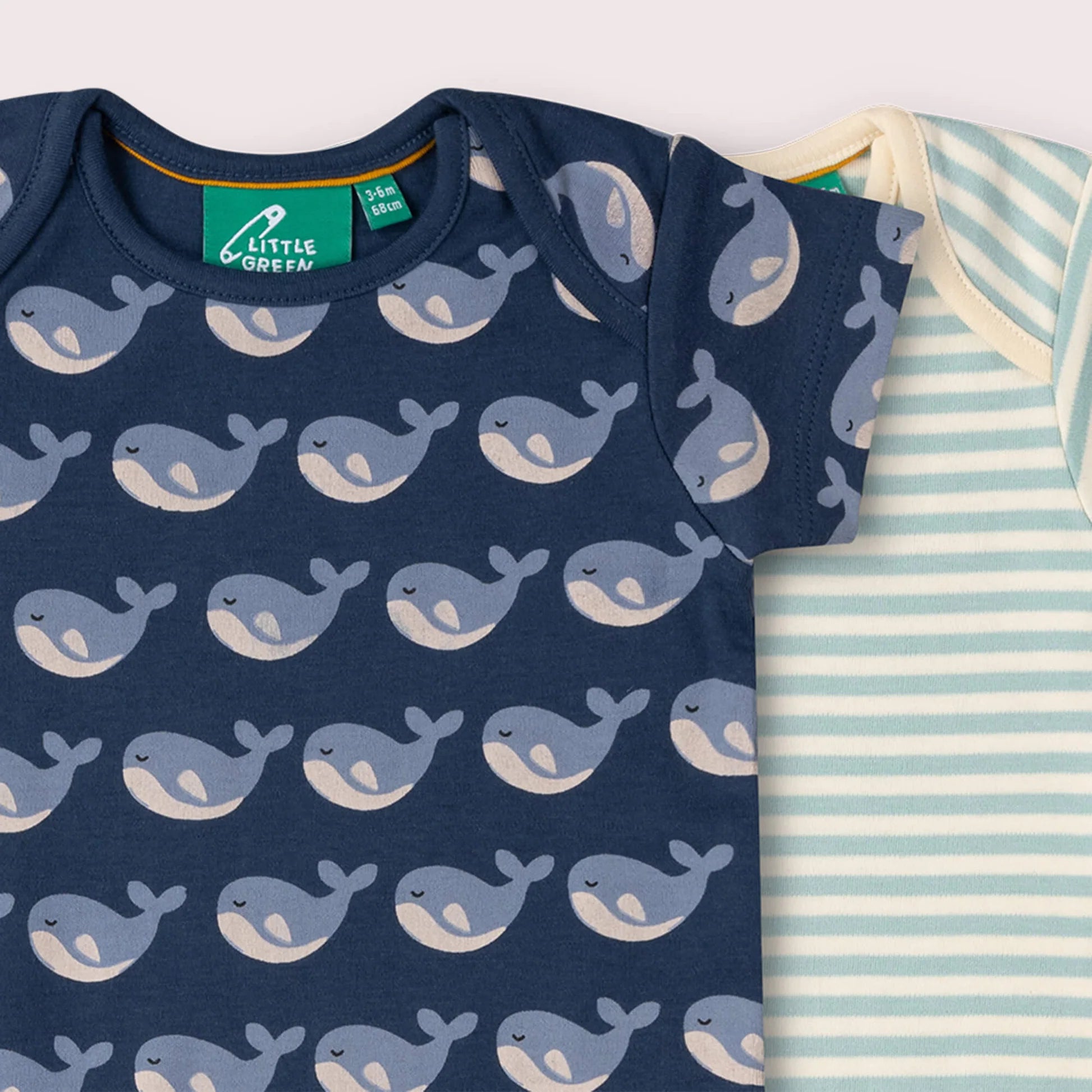 Navy baby onesie with whale pattern and striped baby onesie next to it, featuring Little Green label.