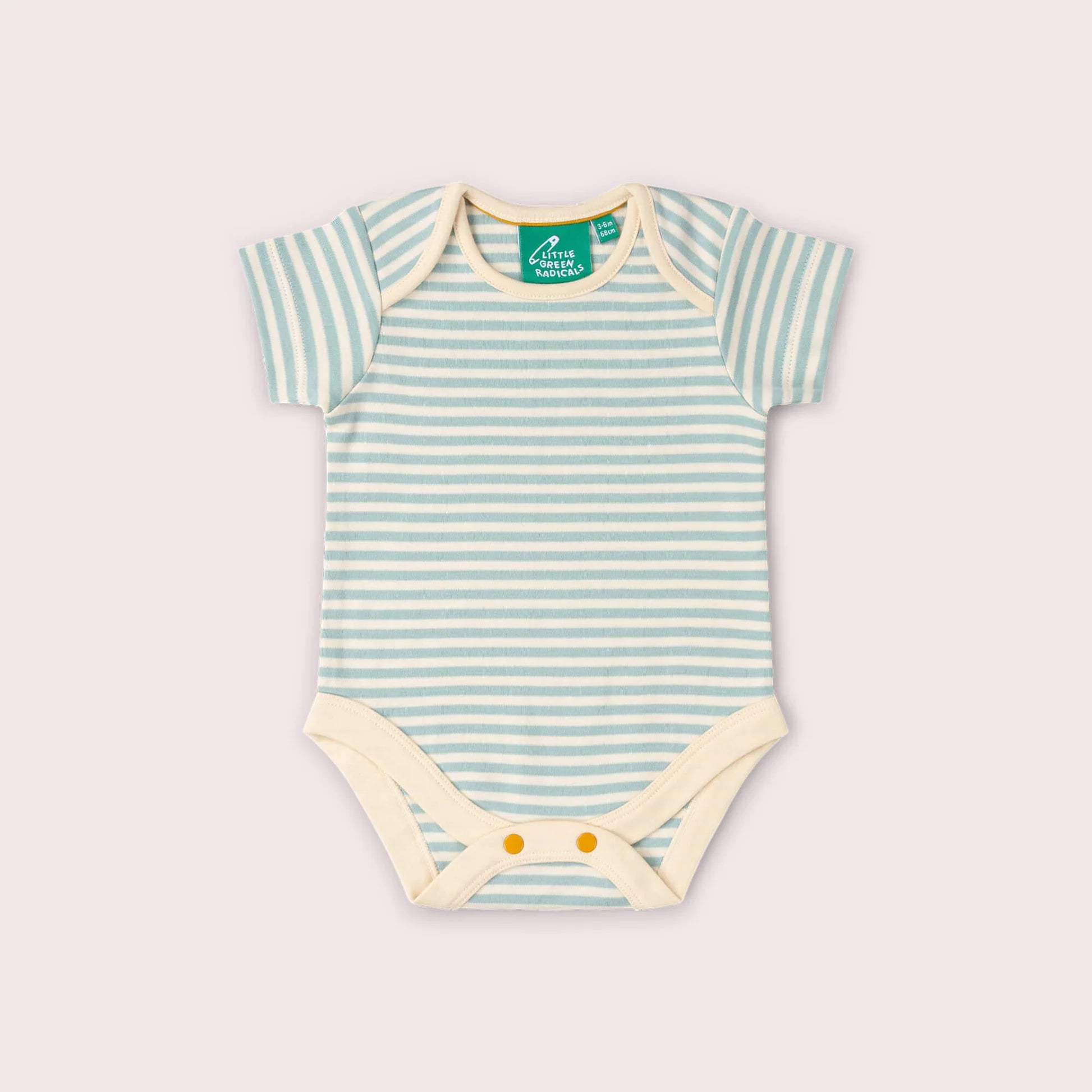 Striped baby bodysuit with brand label on a light gray background