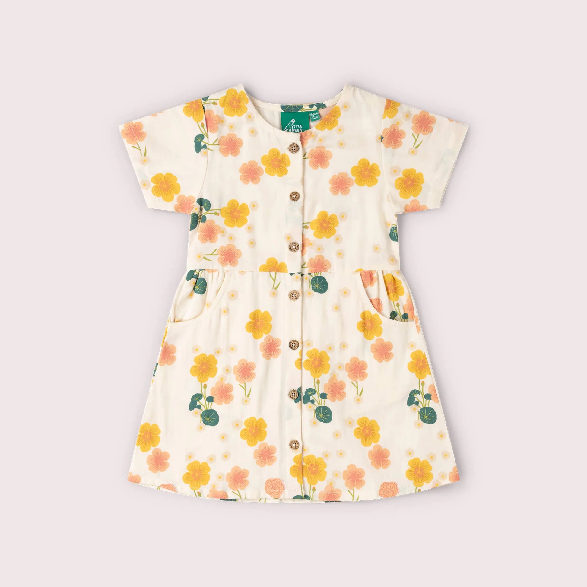 Floral dress with short sleeves on a light gray background