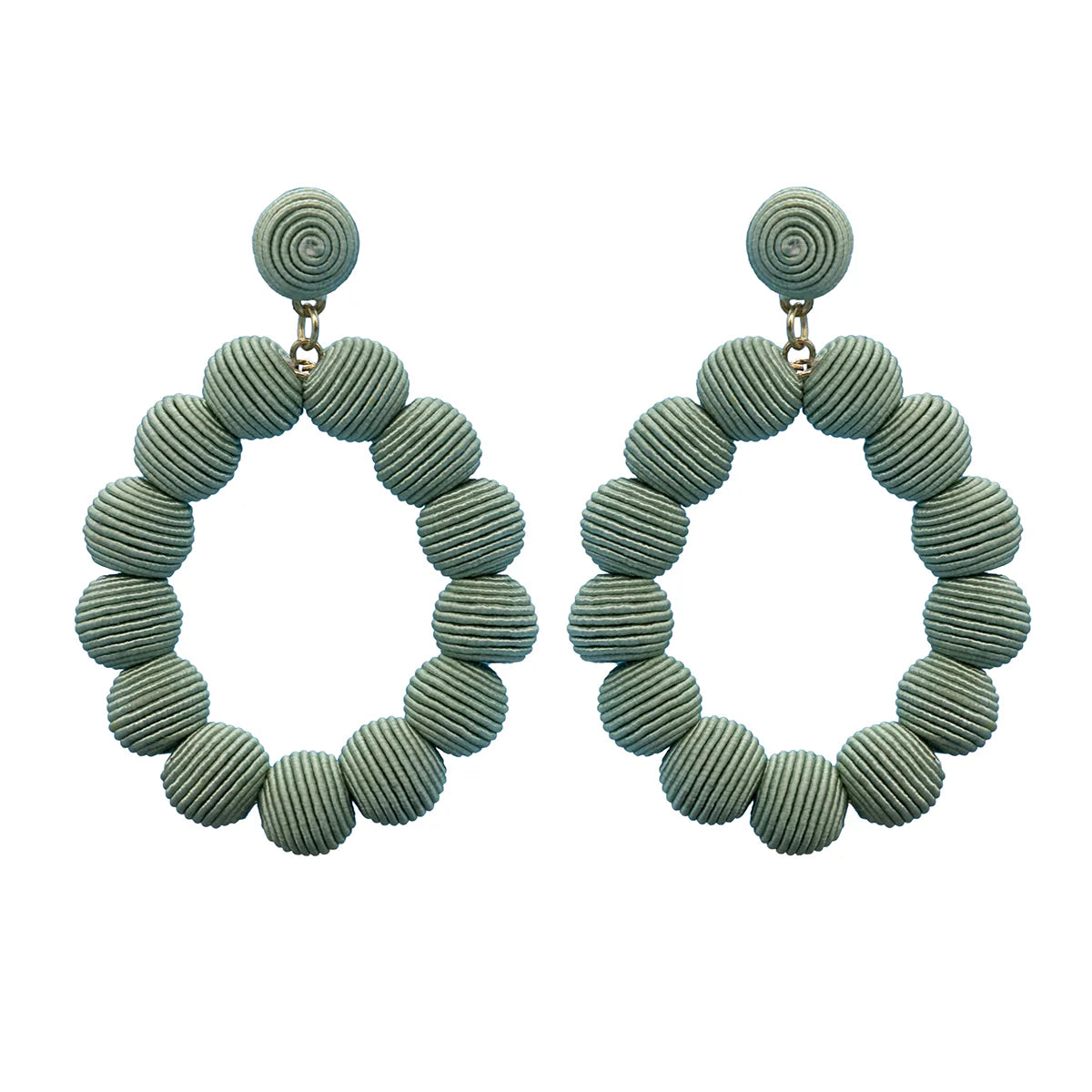 Pair of sage green hoop earrings.  Each hoop is composed of numerous small, textured spheres.