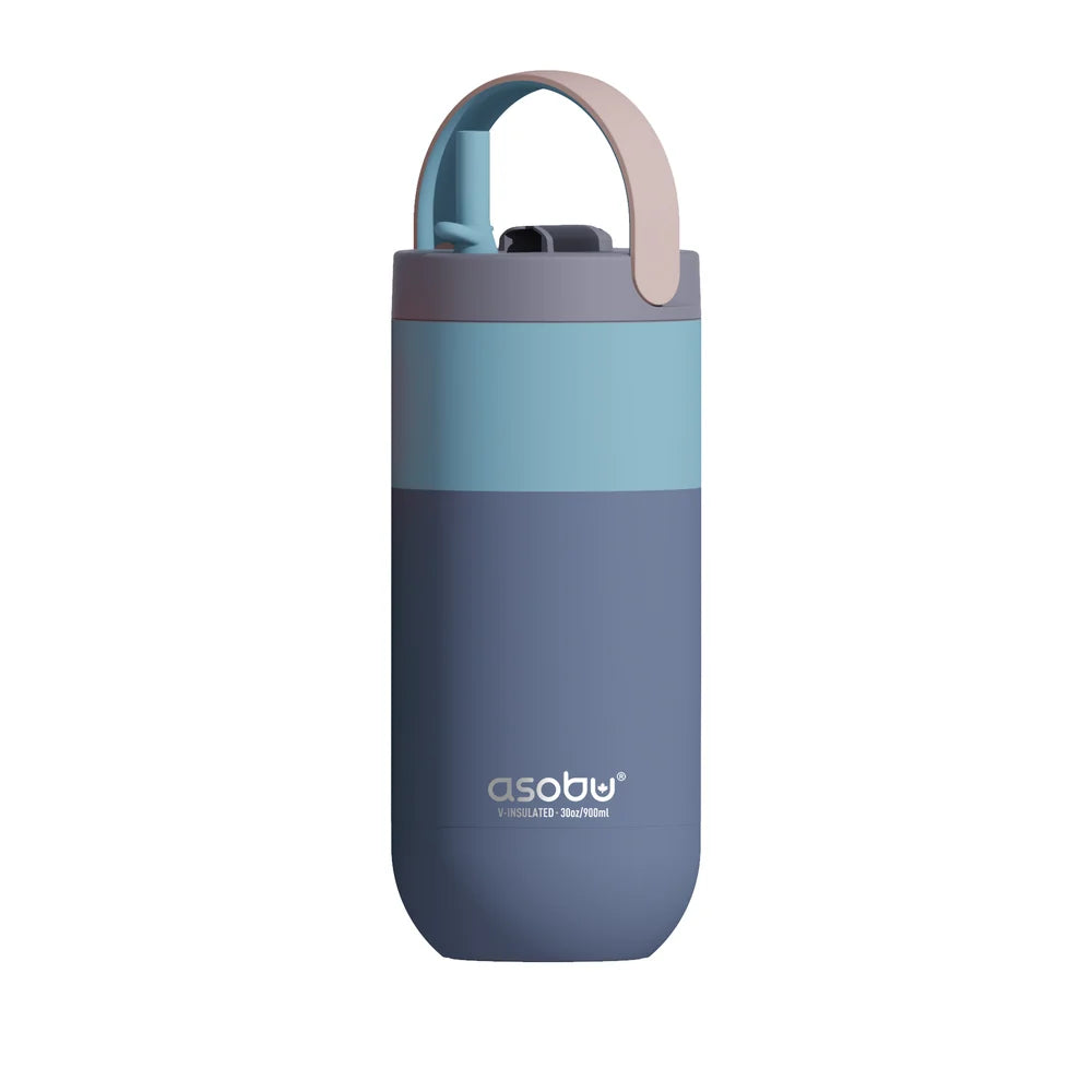 Blue insulated bottle with handle on a white background, featuring the Asobu brand.
