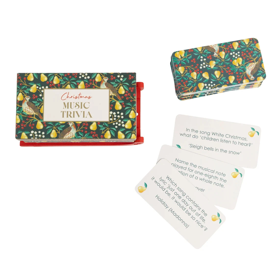 Christmas music trivia game with question cards on a white background