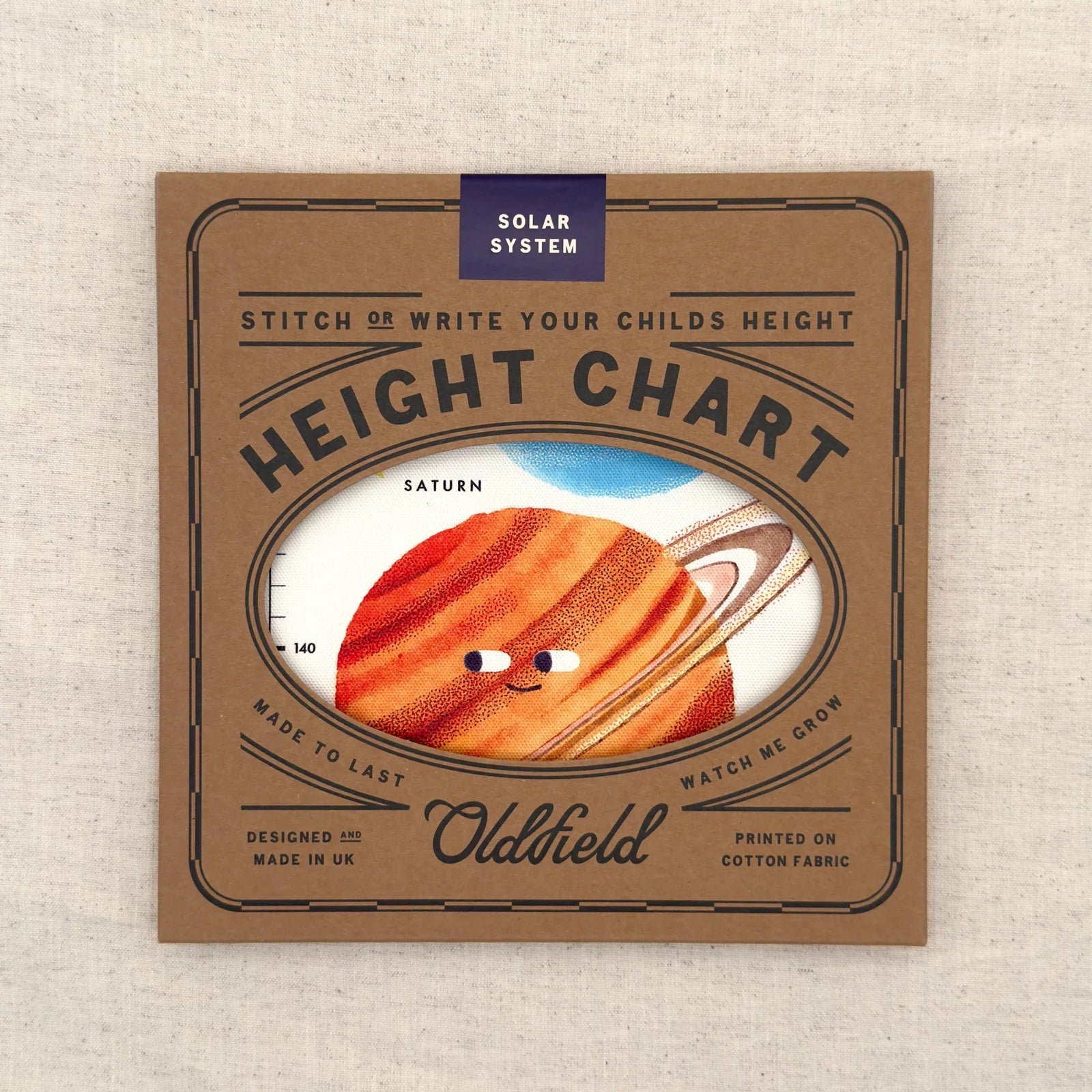 Height chart with Saturn design on a textured beige background