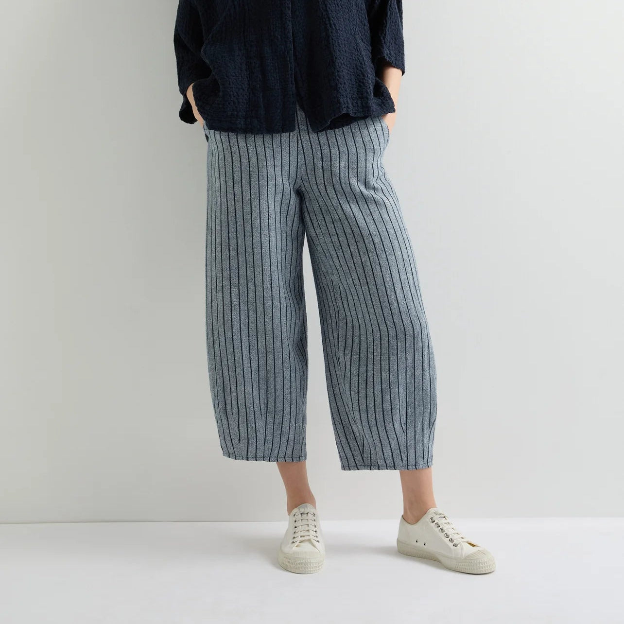 Linen Viscose Stripe Bubble Trouser - Navy Marl