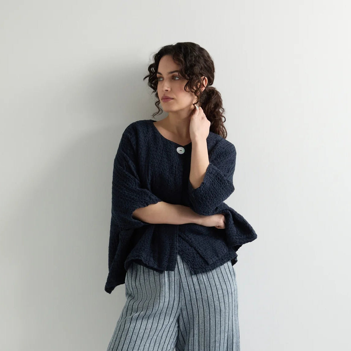 Waffle Linen Boxy Jacket - Night