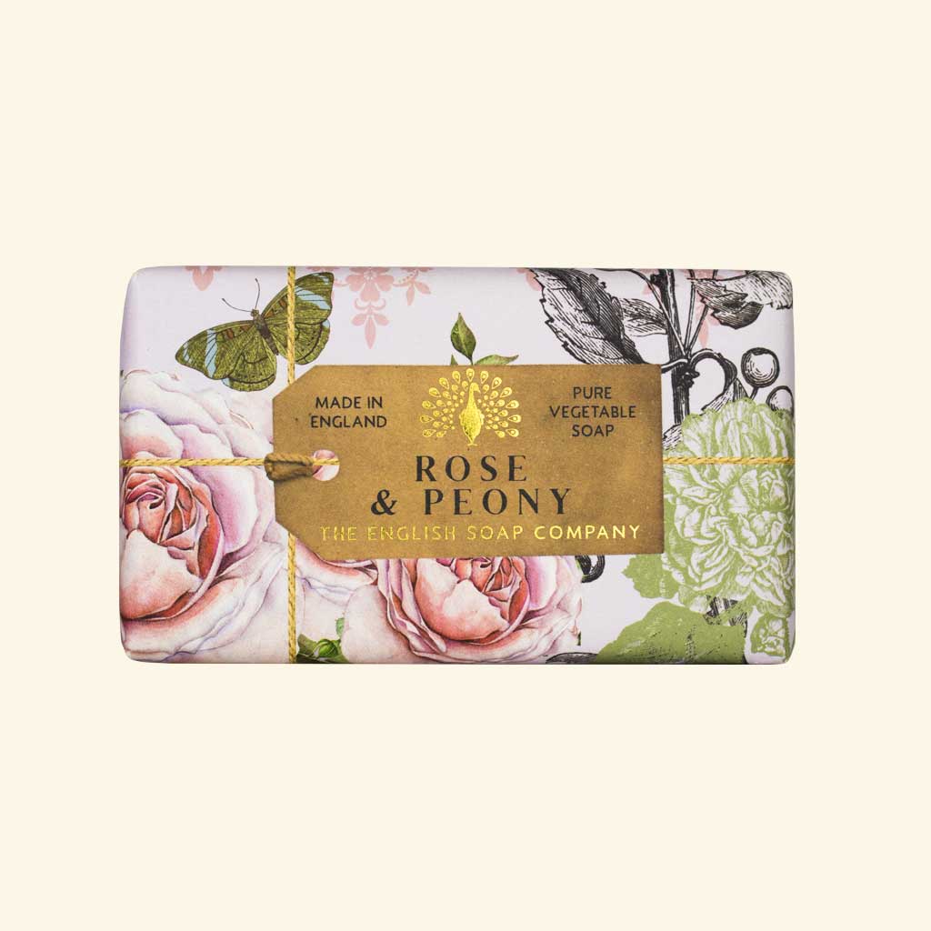Rose & Peony bar soap by The English Soap Company.  Wrapped in floral-illustrated paper with a brown label.