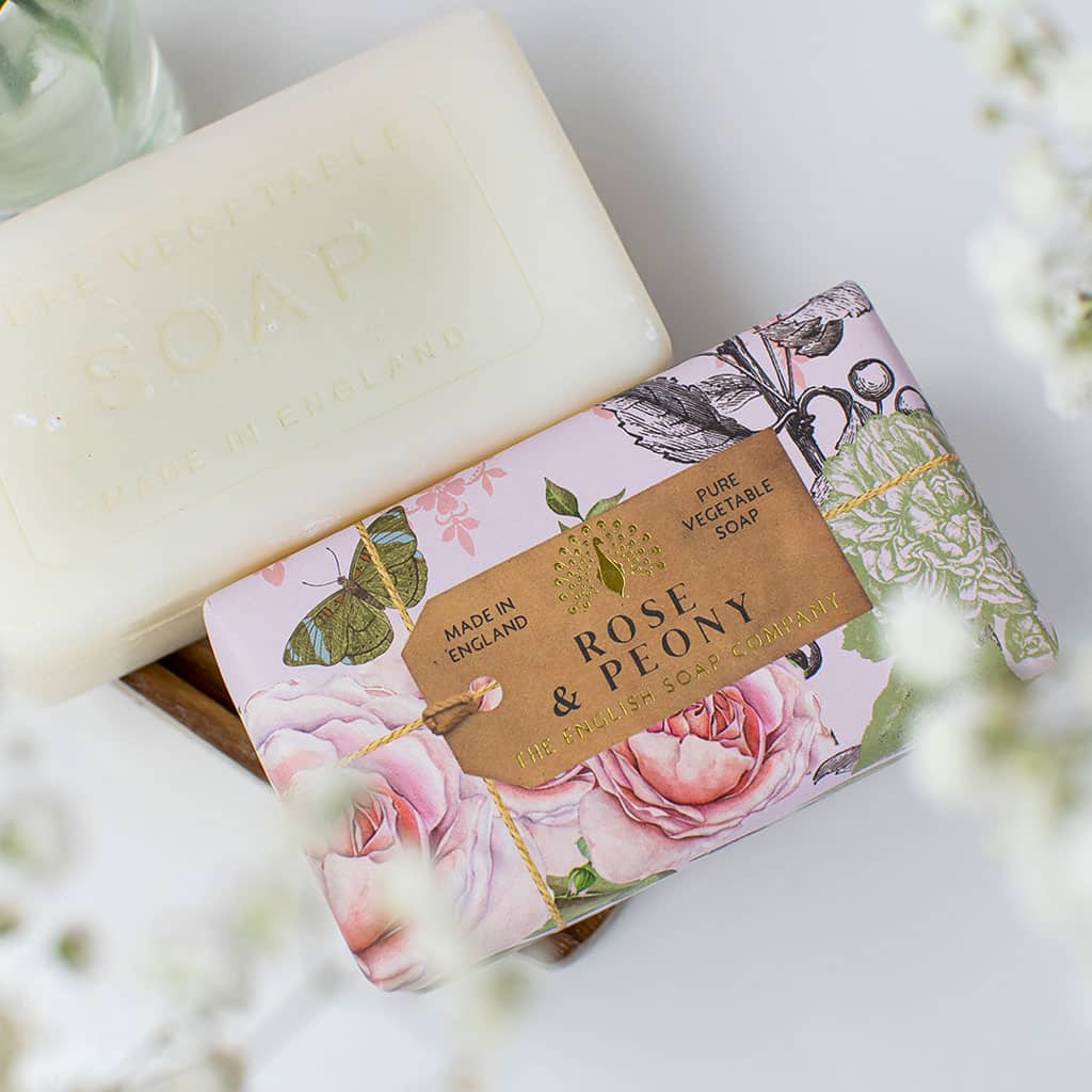 Rose & Peony soap by The English Soap Company.  Pure vegetable soap in floral-illustrated packaging.  Made in England.