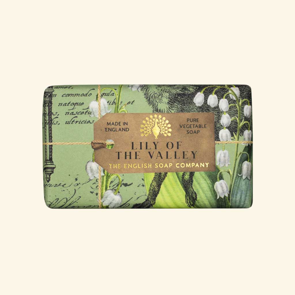Lily of the Valley bar soap by The English Soap Company.  Green wrapper features botanical illustrations and text.