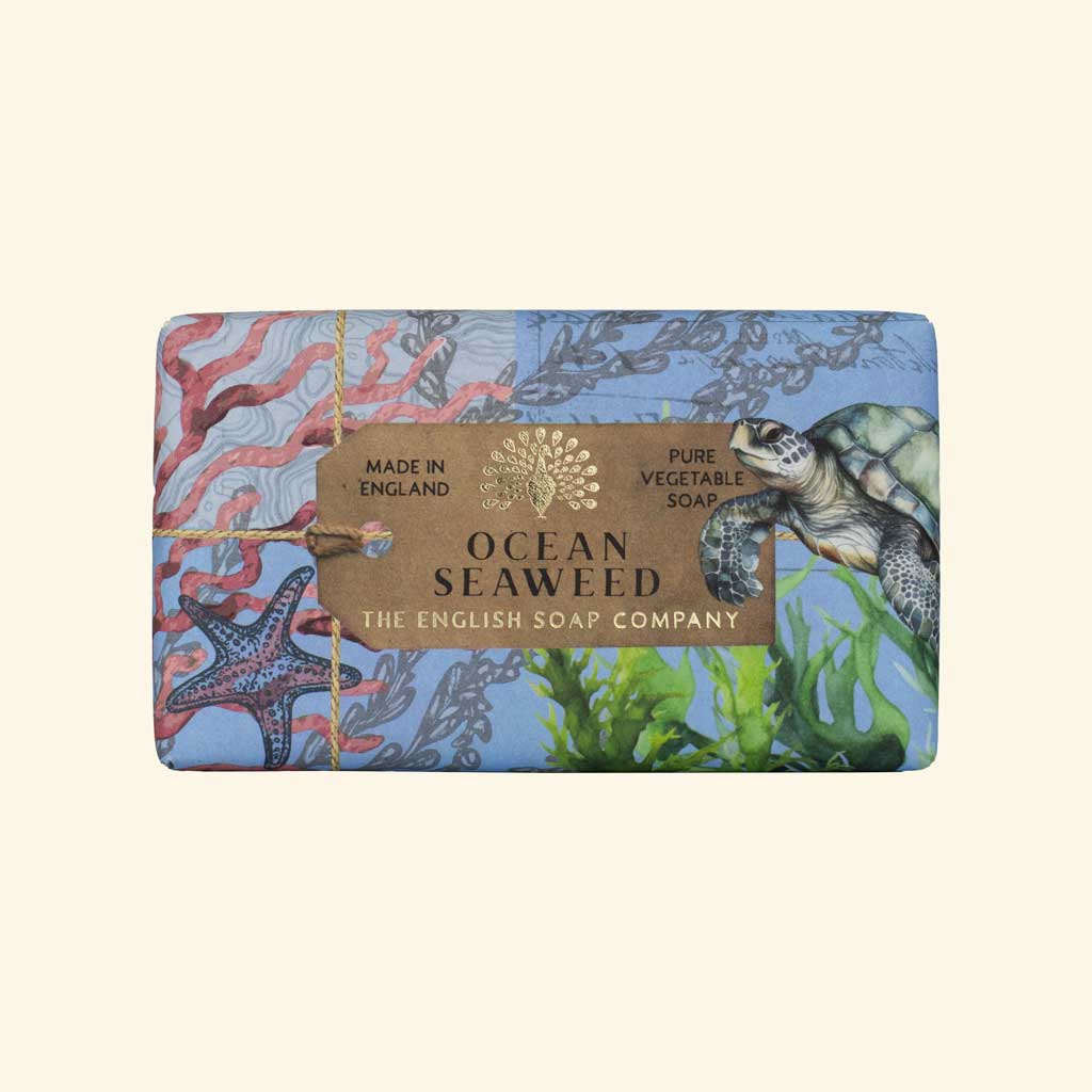 Ocean Seaweed soap by The English Soap Company.  Blue wrapper features sea turtle, starfish, and seaweed illustrations.