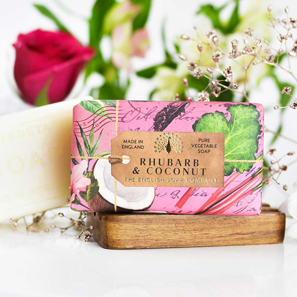 Rhubarb & Coconut soap by The English Soap Company.  Pink wrapper with botanical illustrations of rhubarb and coconut.