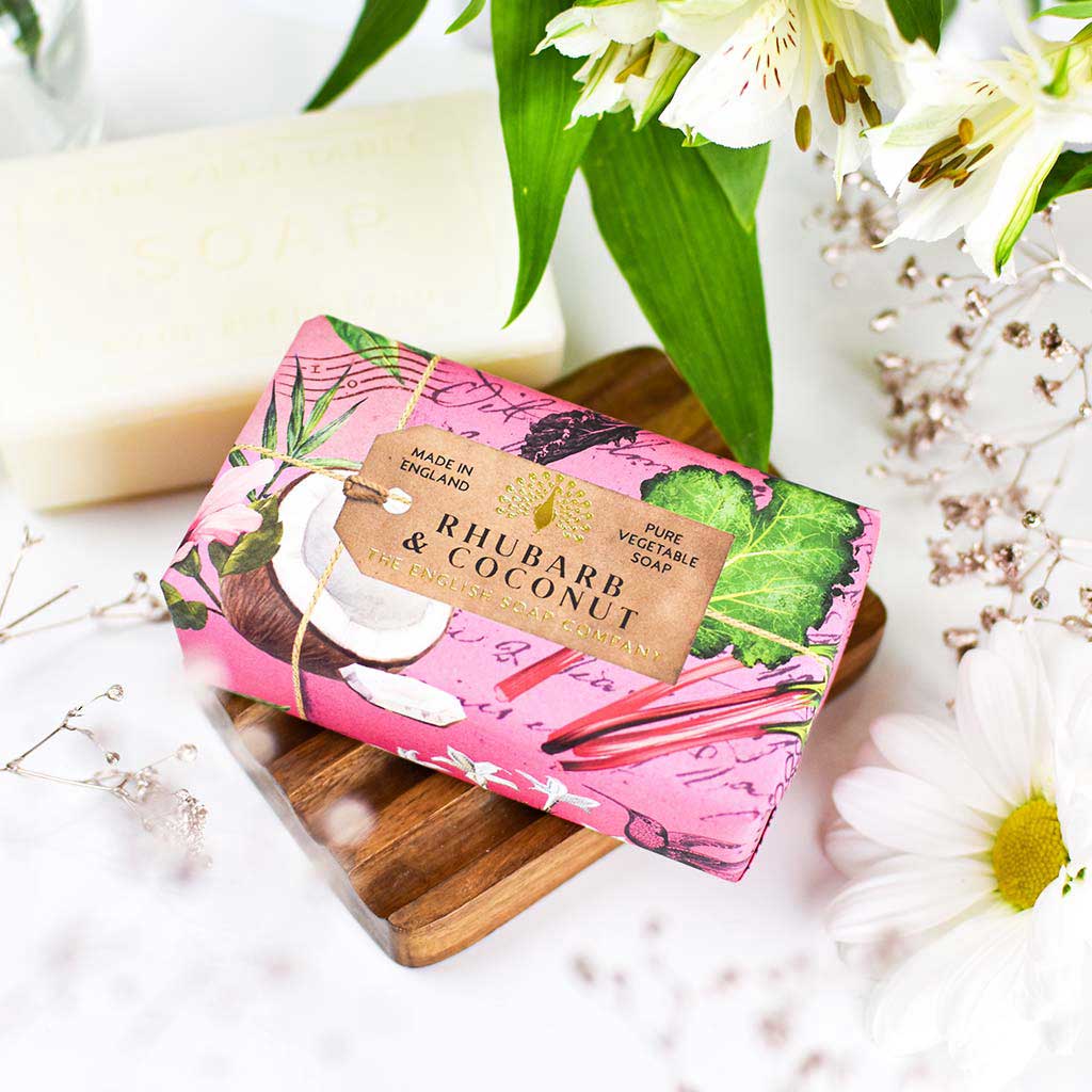 Rhubarb & Coconut soap by The English Soap Company.  Pink wrapper with botanical illustrations.