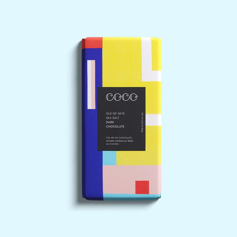 Isle of Skye Sea Salt Dark Chocolate bar with colorful geometric packaging.