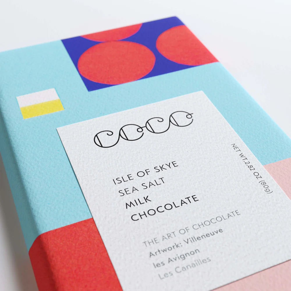 Isle of Skye Sea Salt Milk Chocolate bar; colorful geometric packaging.