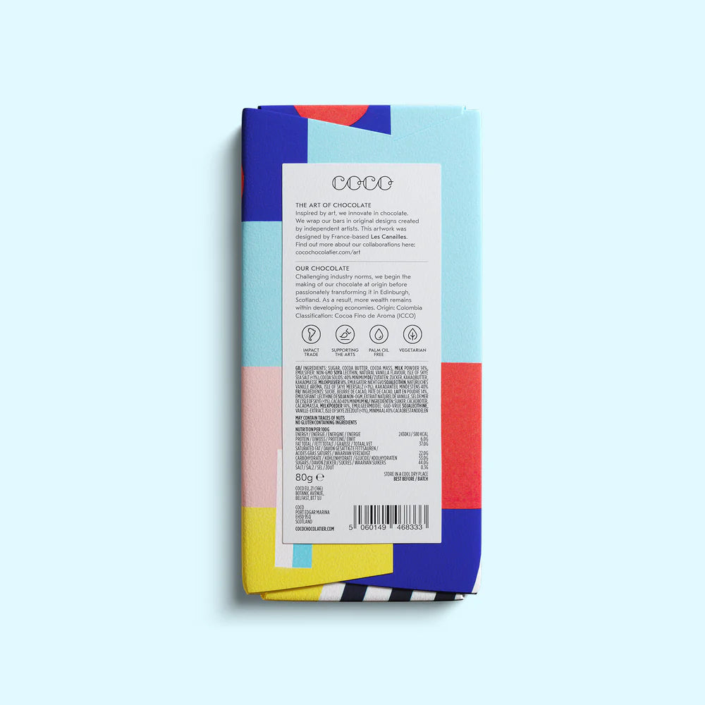 80g chocolate bar, colorful geometric wrapper, featuring artwork by Les Canailles.