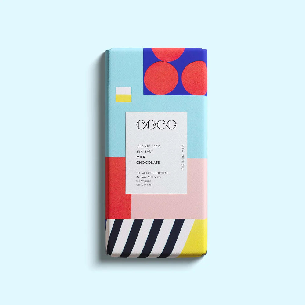 Coco brand milk chocolate bar with Isle of Skye sea salt, colorful geometric packaging.