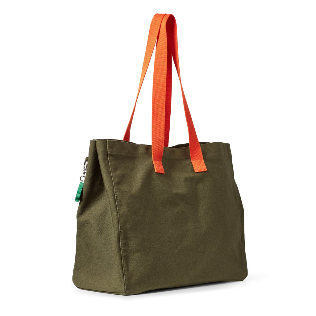Olive green tote bag with bright orange straps by Donna Wilson. Simple design with a zippered closure.