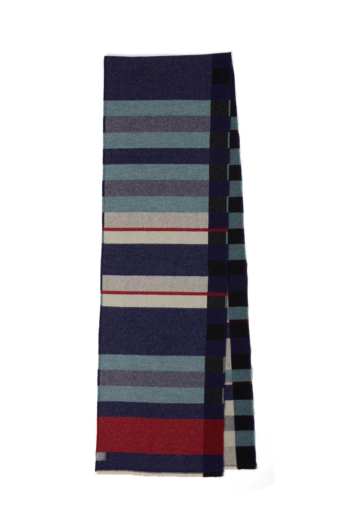 Striped scarf with blue, red, and gray pattern on a white background