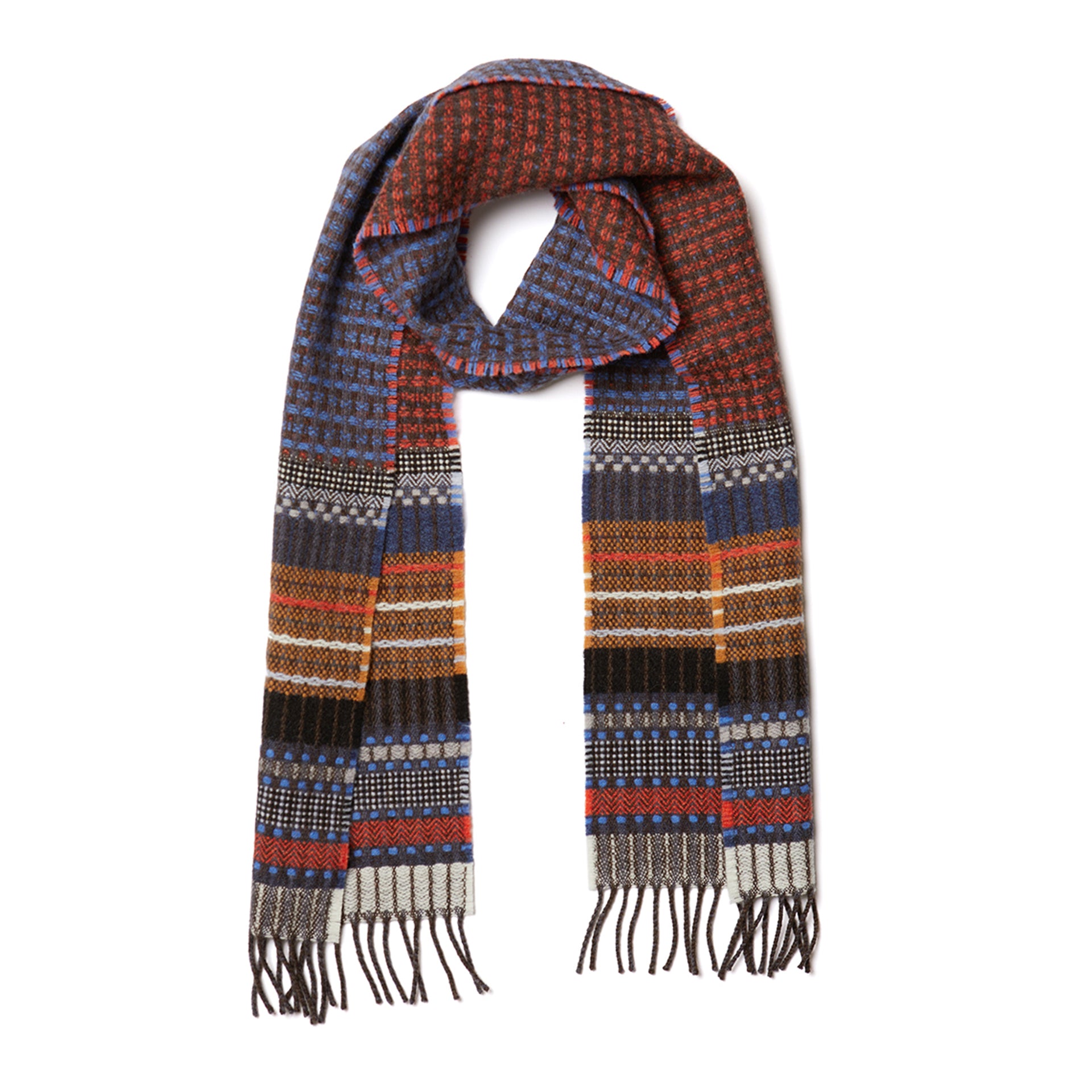 Multicolored patterned wool scarf with brown fringe.