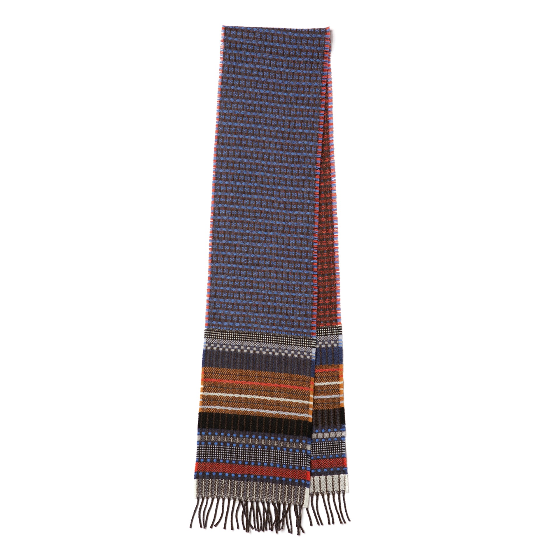 Woven wool scarf in blue, brown, orange, and red hues. Features a textured pattern and fringed edges.