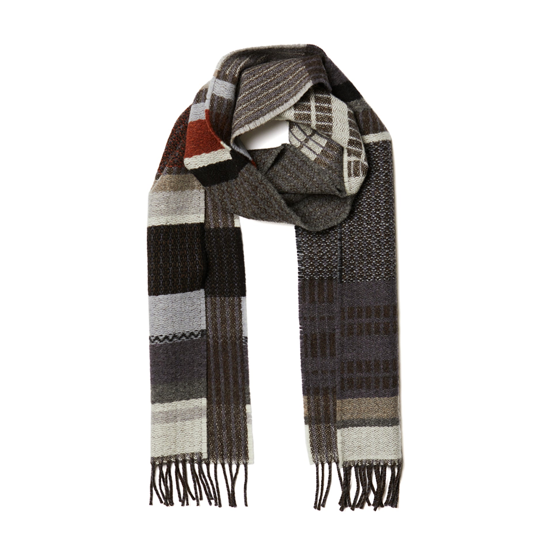 Woven scarf with a multicolored plaid pattern in shades of gray, brown, and beige.  Features dark brown fringe at the ends.