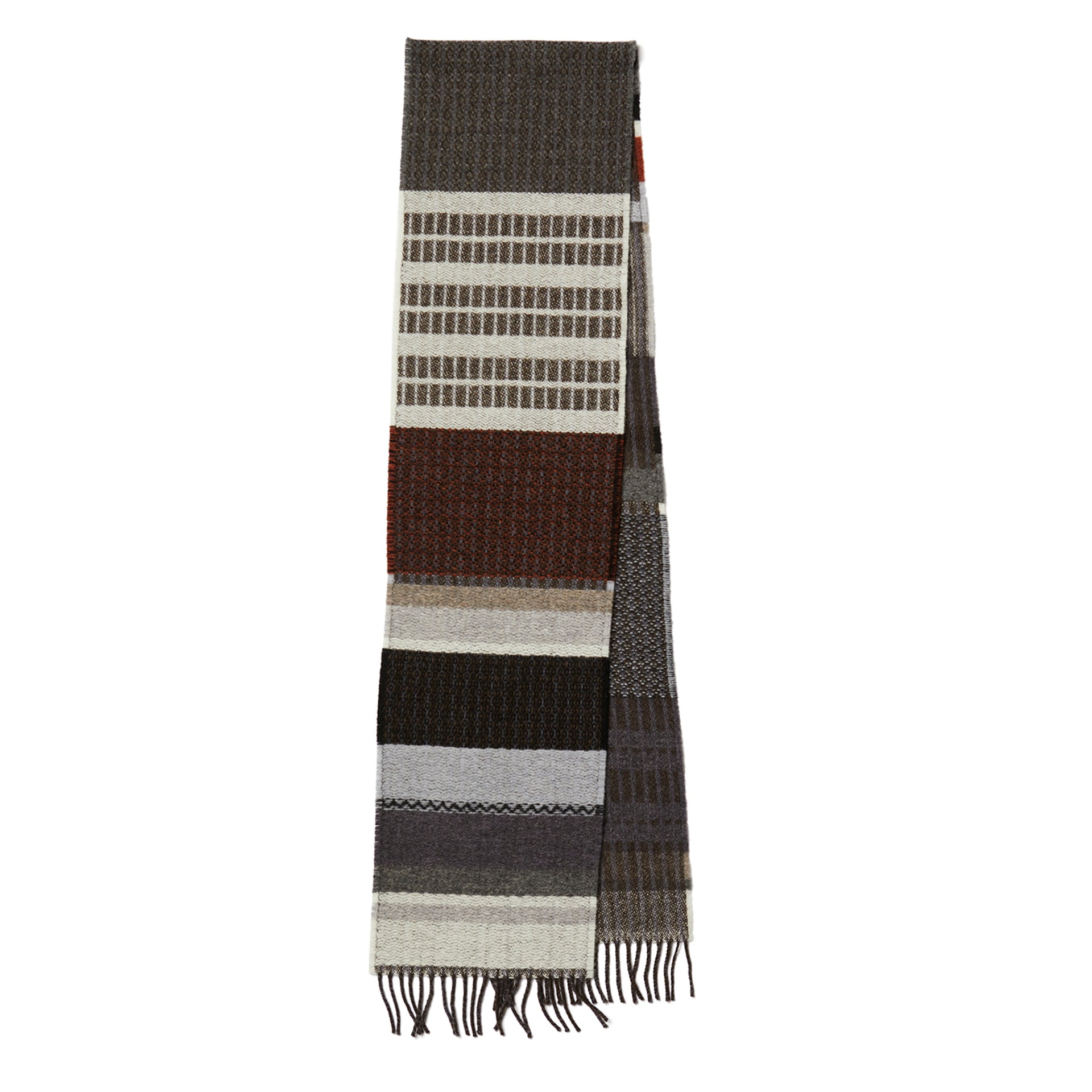 Striped wool scarf with brown, beige, and gray horizontal bands.  Features a textured pattern and fringed edges.