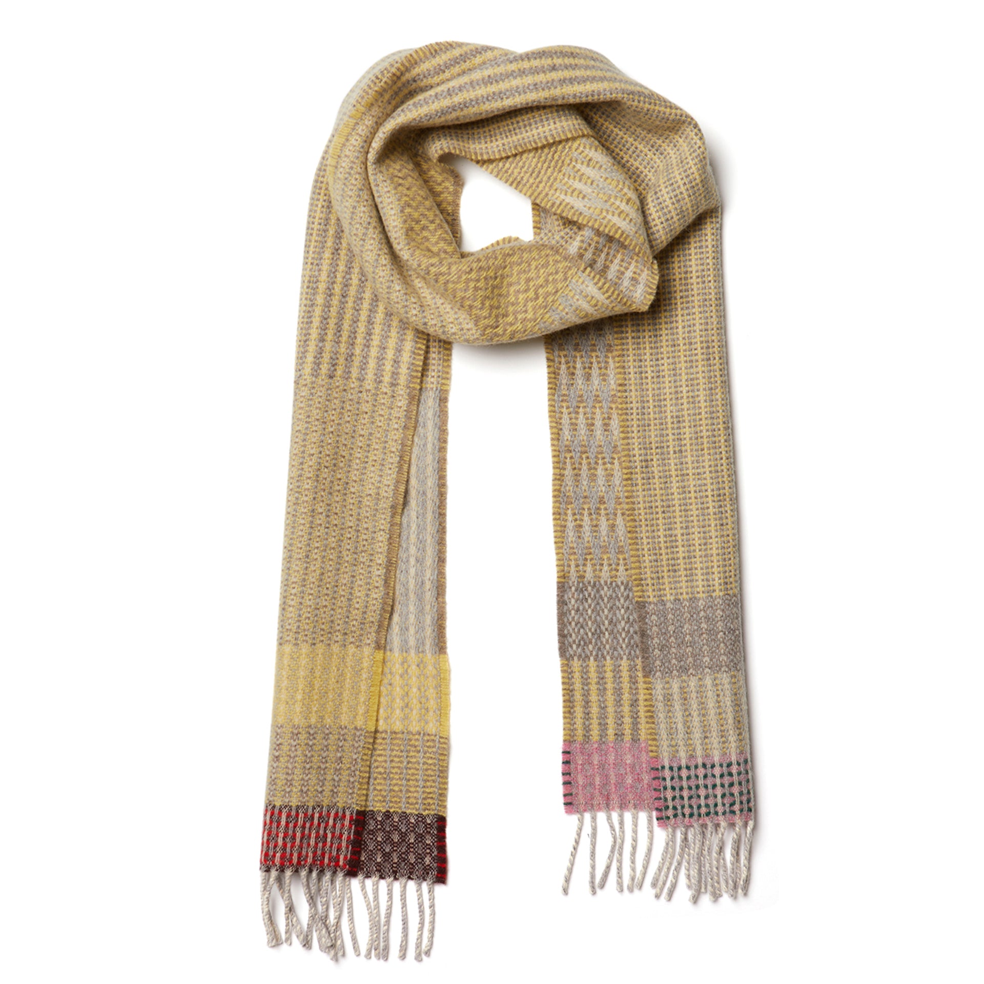Woven wool scarf in muted yellow and gray tones.
