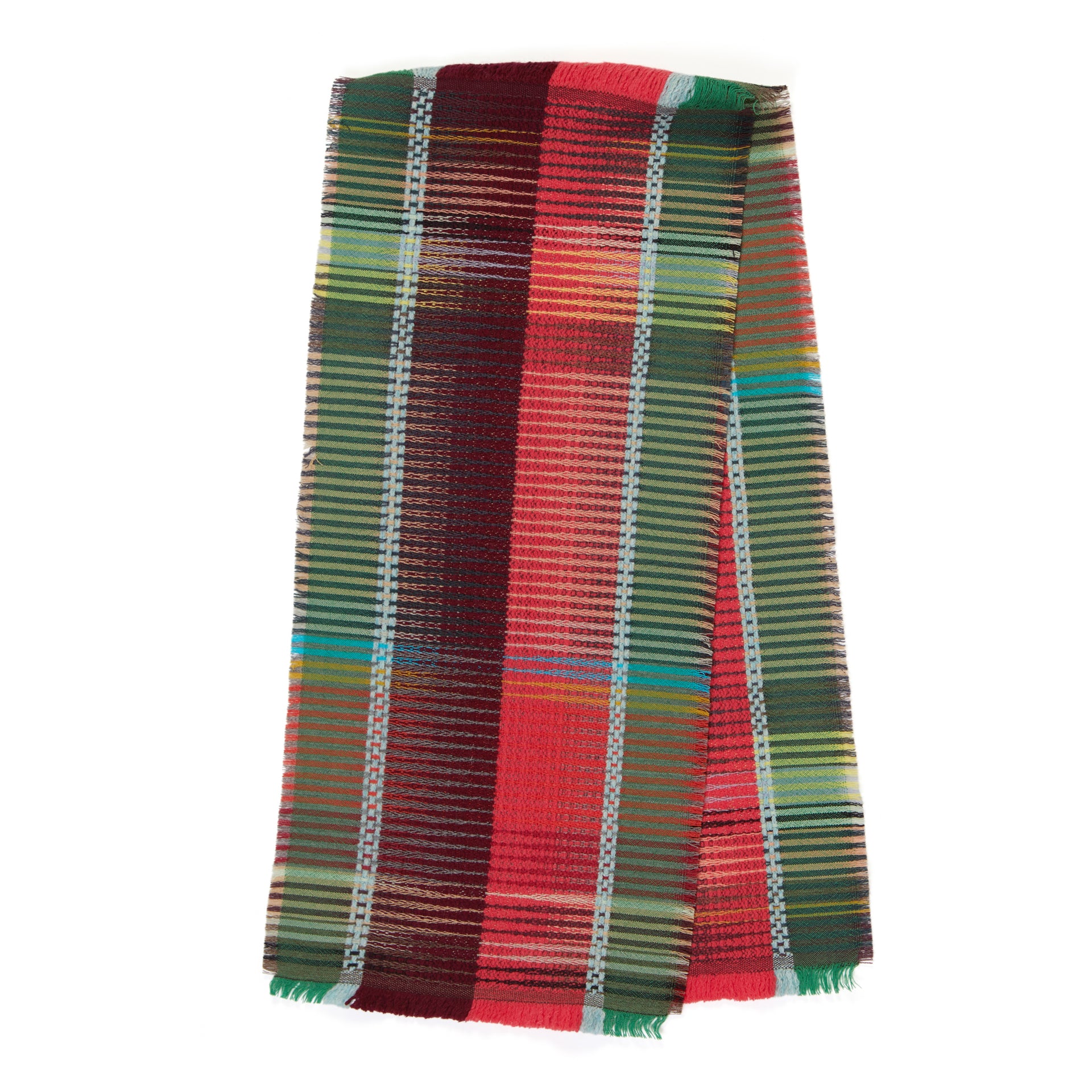 Multicolored woven textile with a plaid pattern in shades of red, green, and brown.  The fabric has a slightly frayed edge.