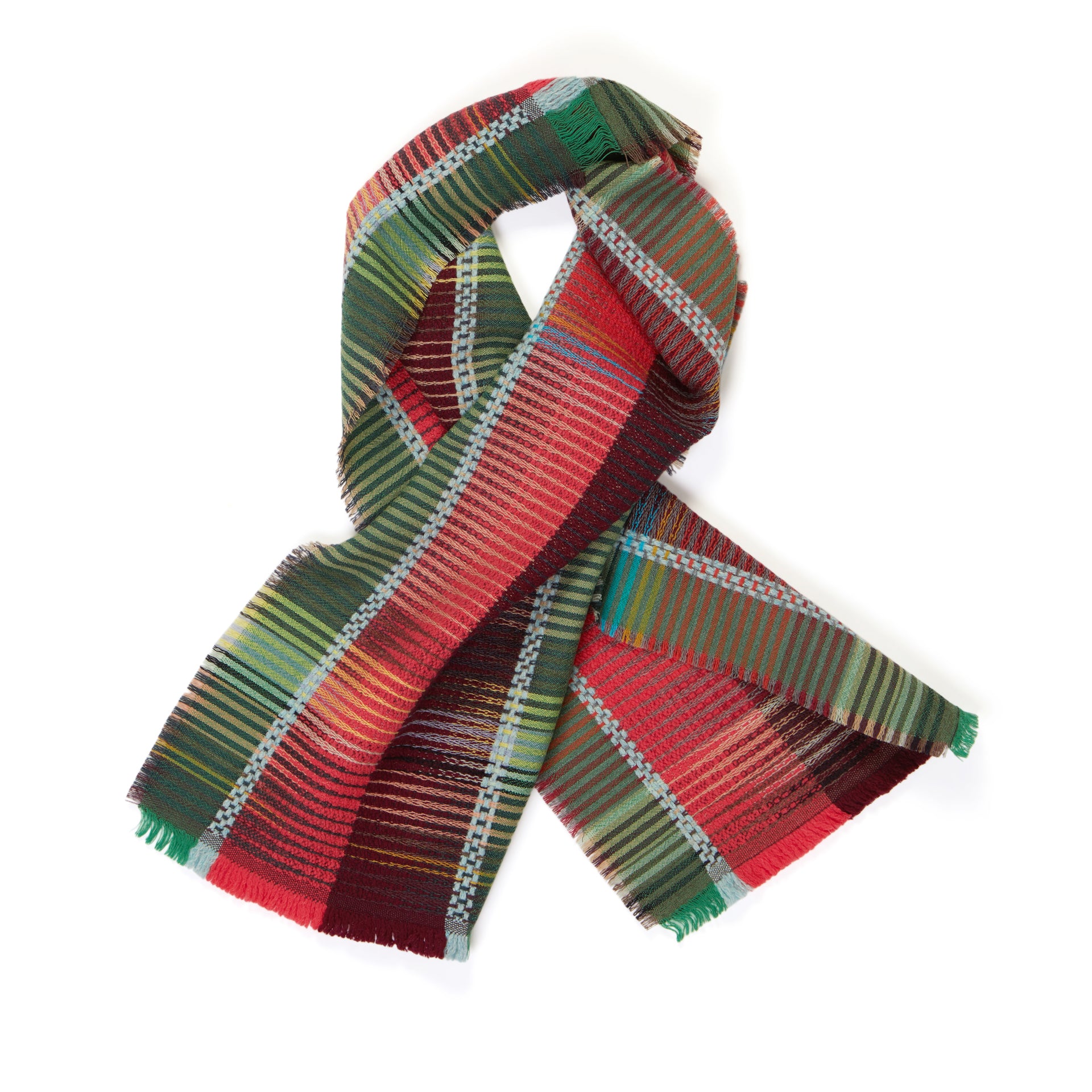 Red, green, and burgundy plaid woven scarf with frayed edges.