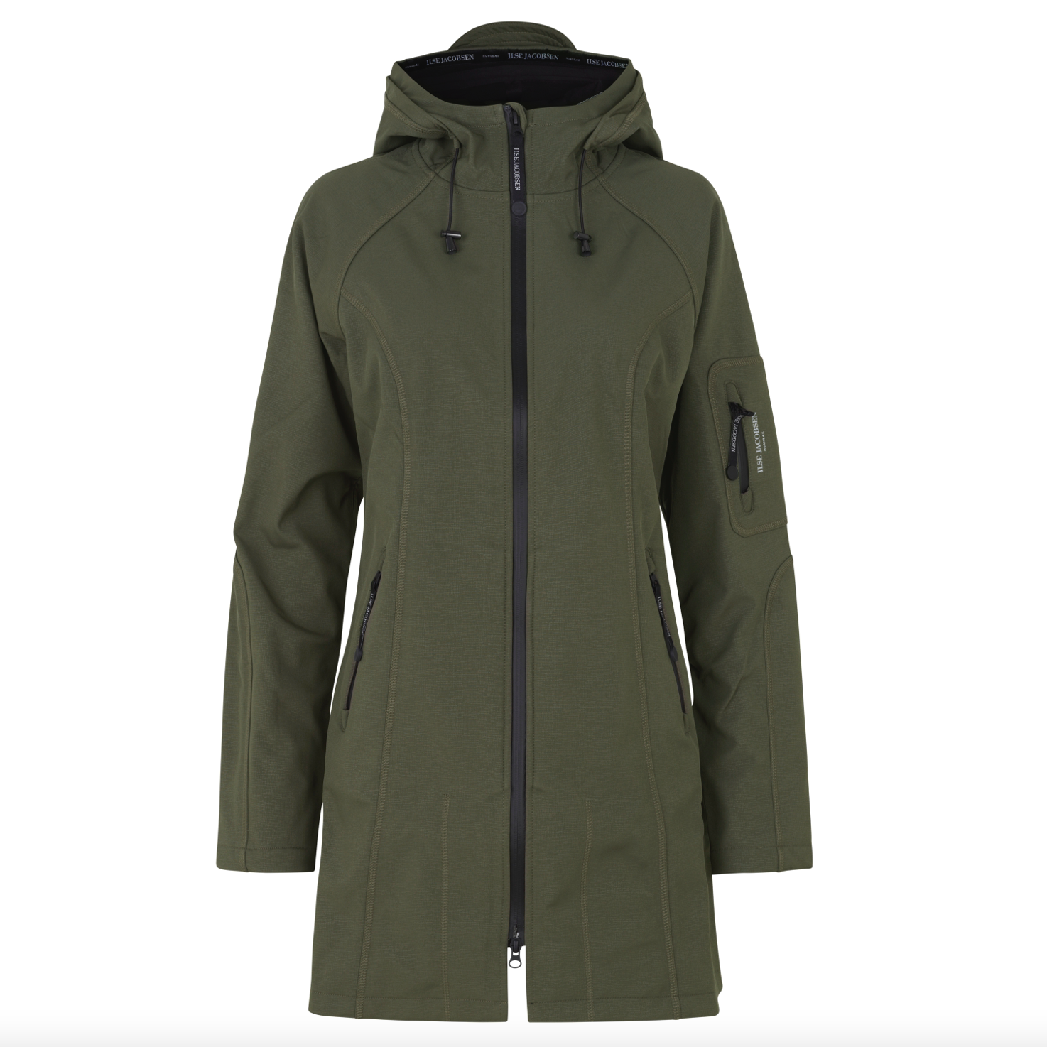 Olive green Ilse Jacobsen Softshell jacket with black zipper, hood, and branding. Features include zippered pockets and a