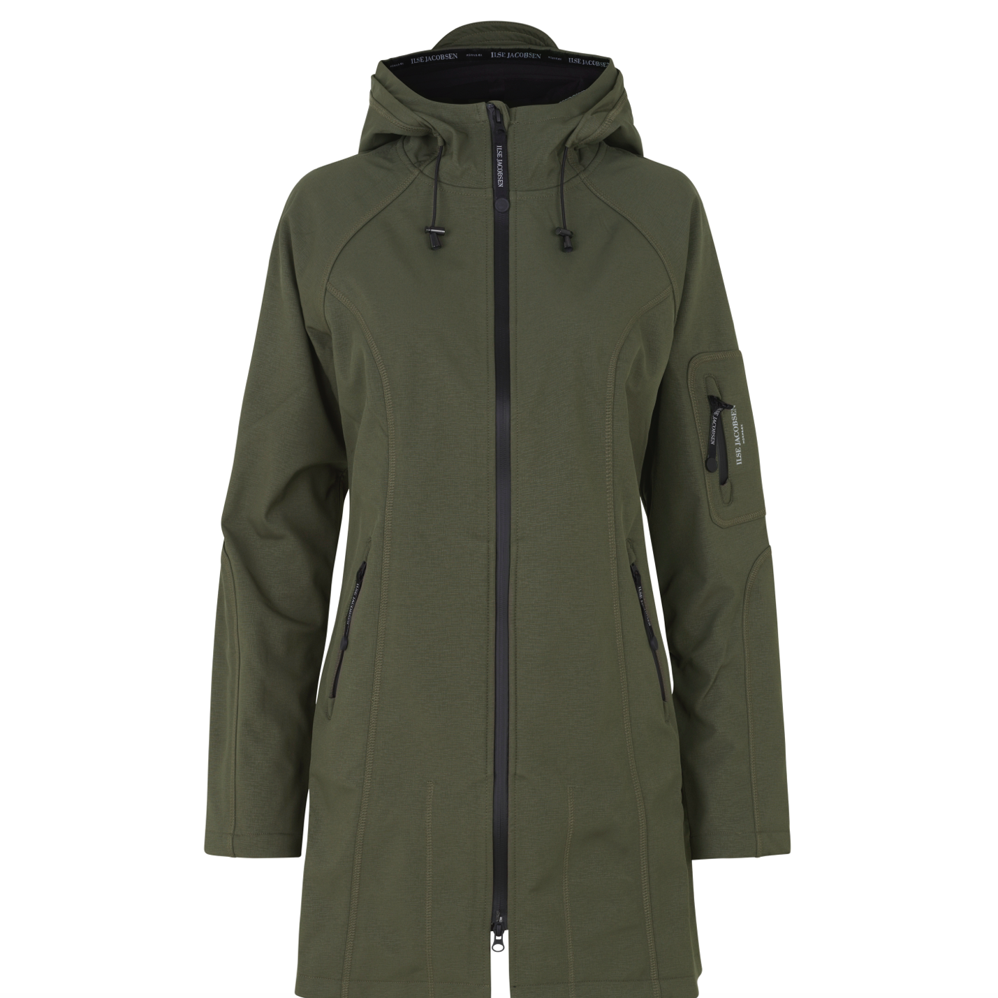 Olive green Ilse Jacobsen Softshell hooded jacket with black zipper and branding. Long sleeves, two pockets, and subtle
