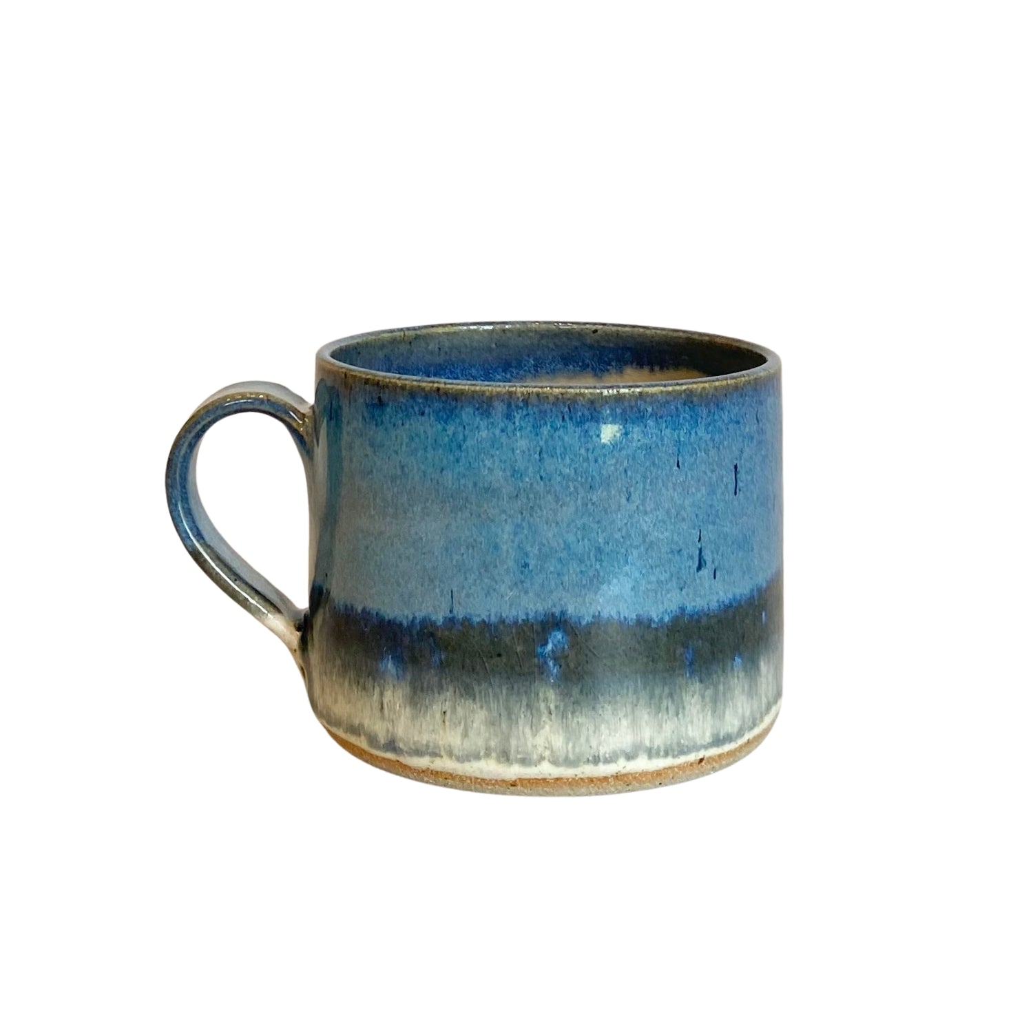 Hand-thrown ceramic mug with a blue glaze, featuring darker blue and grey banding near the base, and a light beige rim.