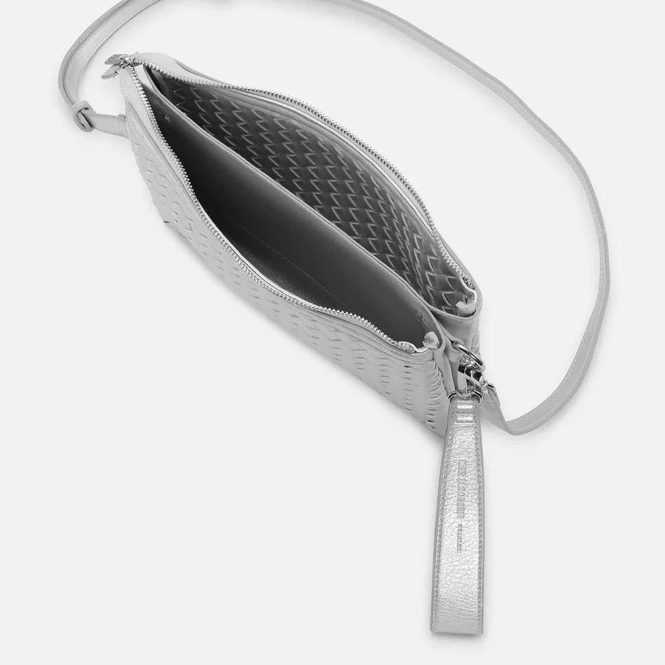 Silver Bottega Veneta crossbody bag with intrecciato weave, open to reveal a double-compartment interior. Smooth leather strap