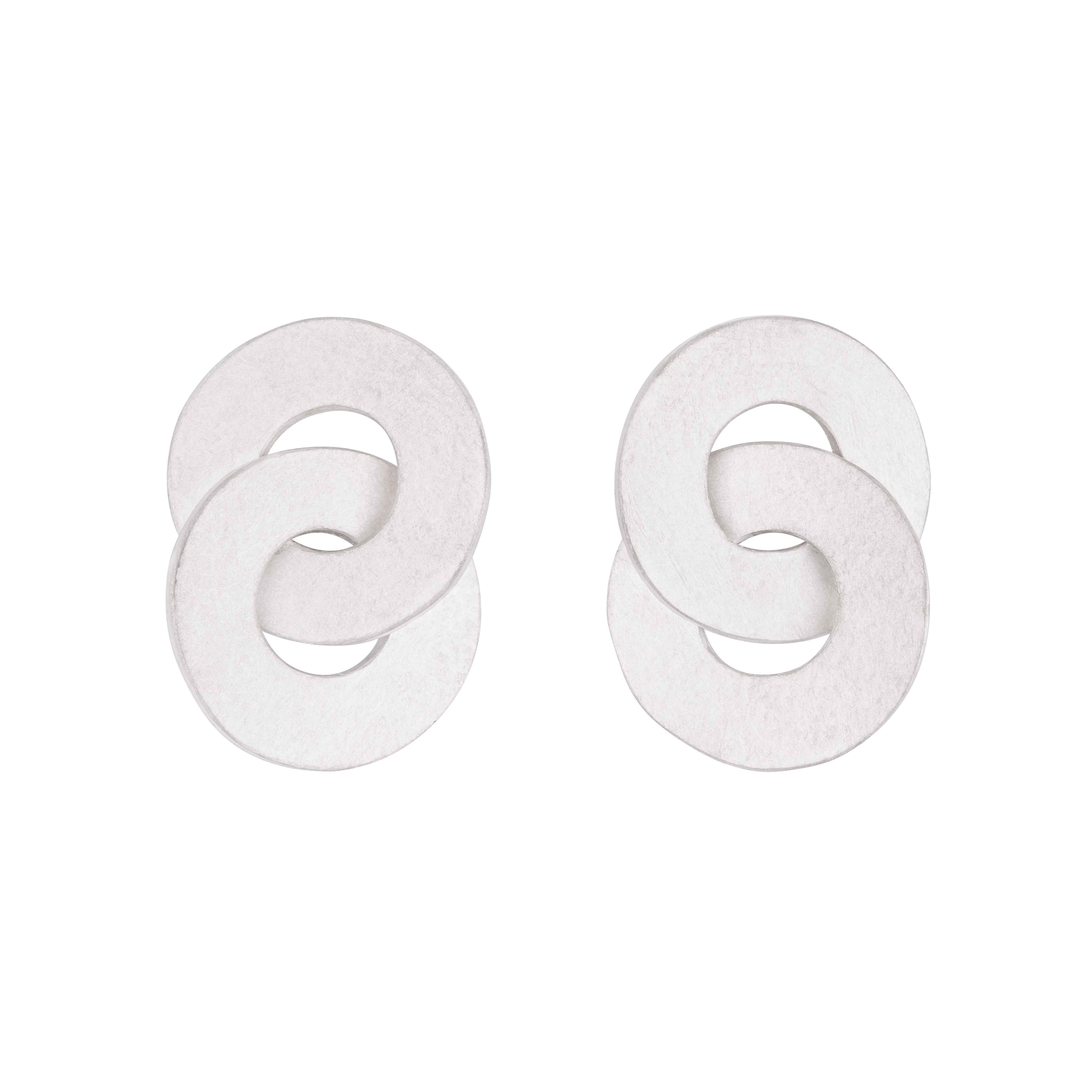 Pair of white interlocking circle earrings.  The circles are matte and slightly textured.
