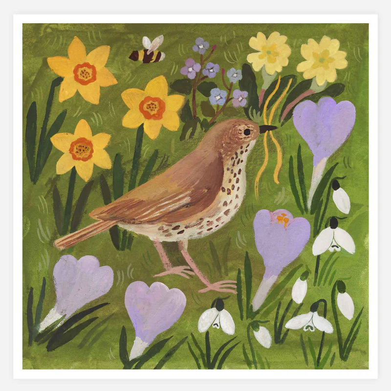 Illustration of a bird among flowers on a green background